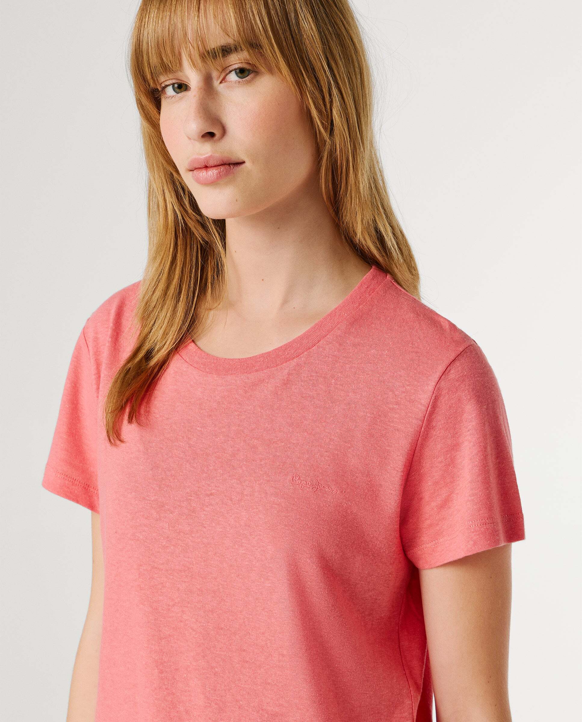 Camiseta de lino logo bordado - Pepe Jeans - Rosa Rosa-4