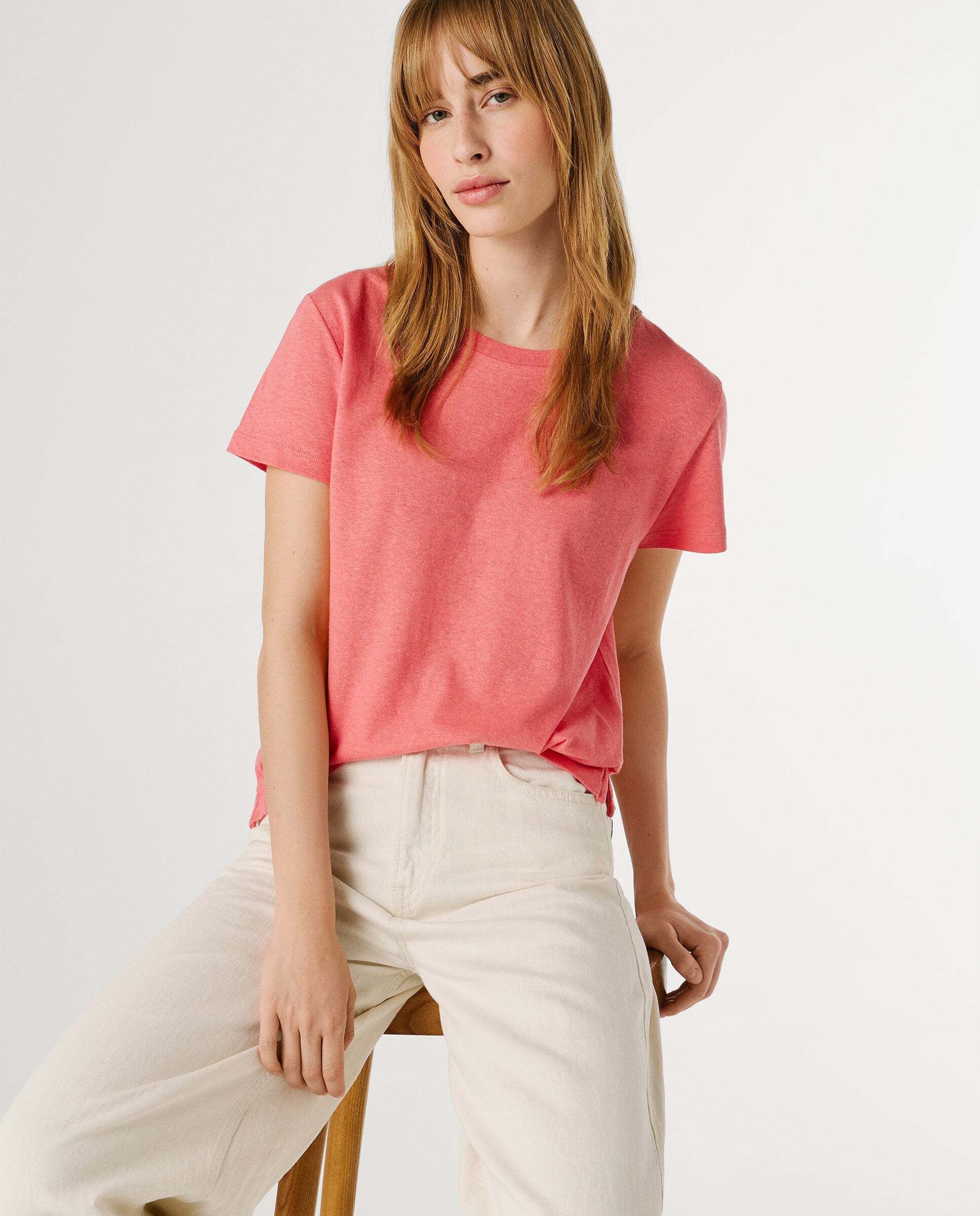 Camiseta de lino logo bordado - Pepe Jeans - Rosa Rosa-7
