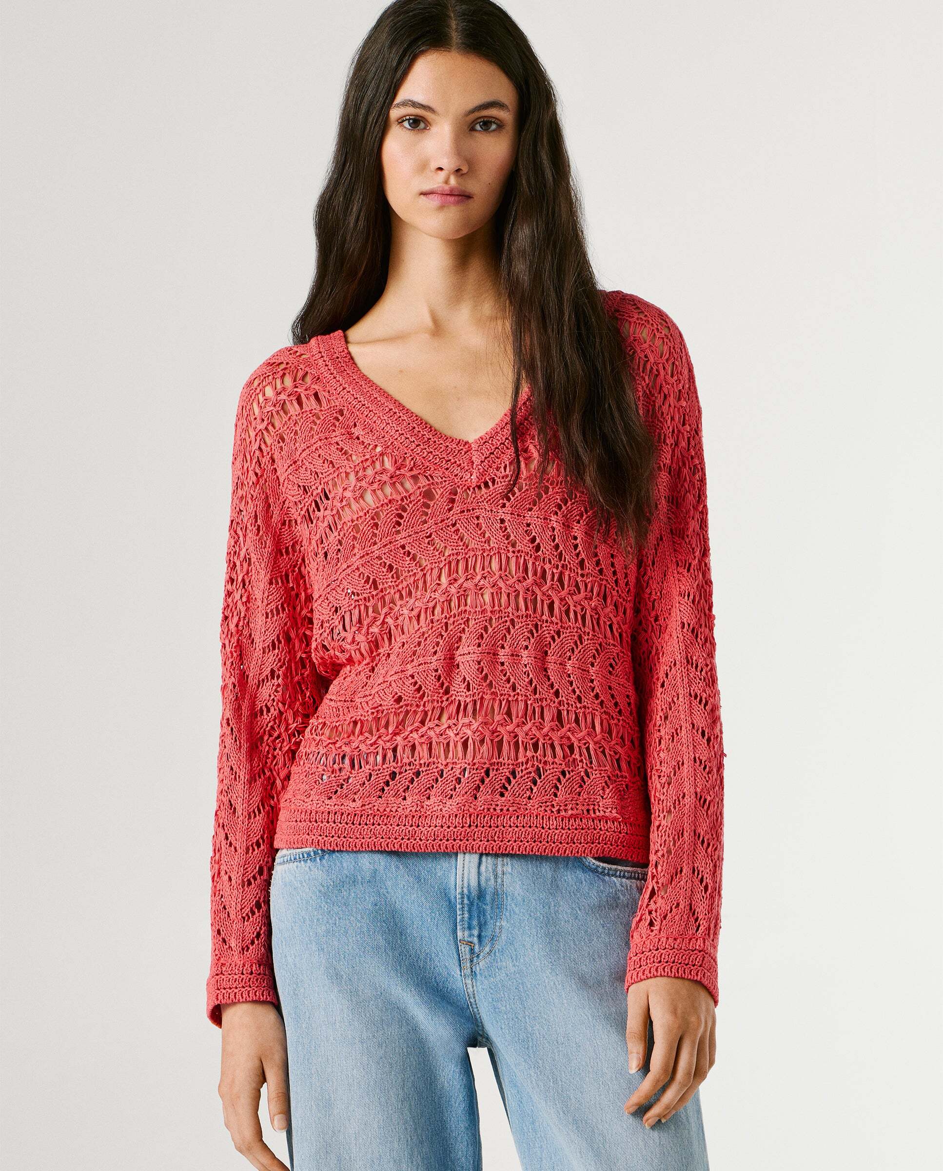 Jersey de mujer calado cuello pico - Pepe Jeans - Rosa Rosa-1