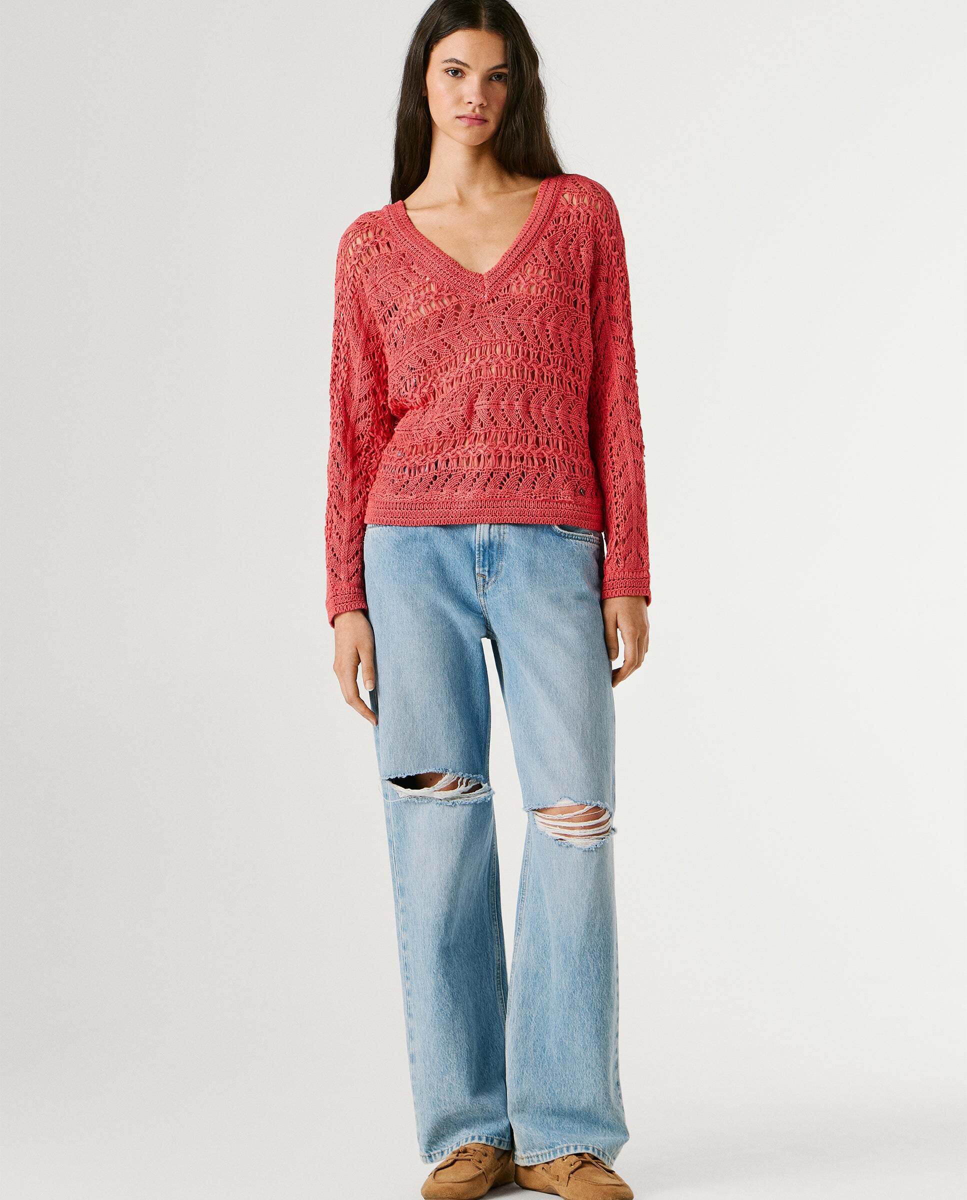 Jersey de mujer calado cuello pico - Pepe Jeans - Rosa Rosa-2