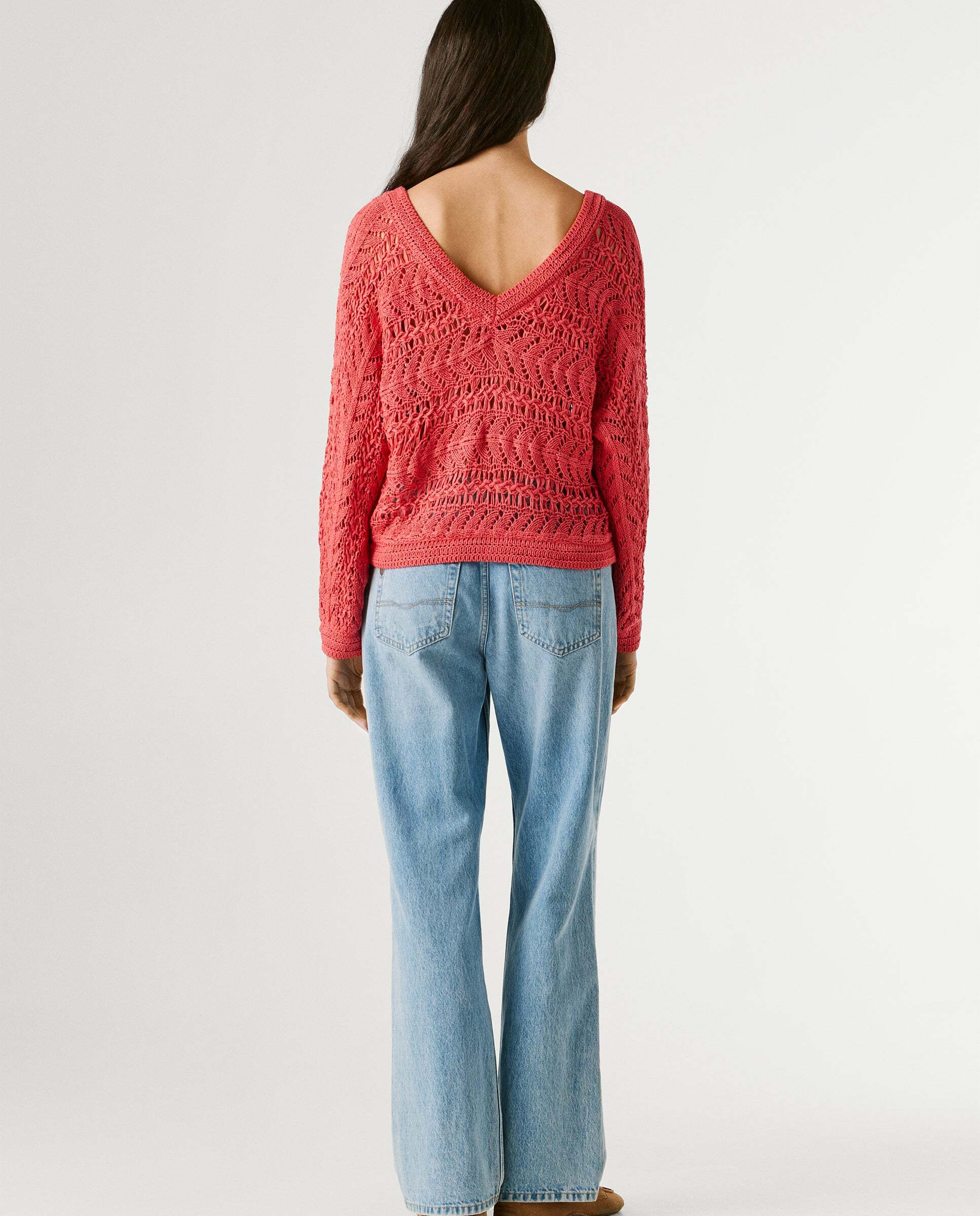 Jersey de mujer calado cuello pico - Pepe Jeans - Rosa Rosa-3