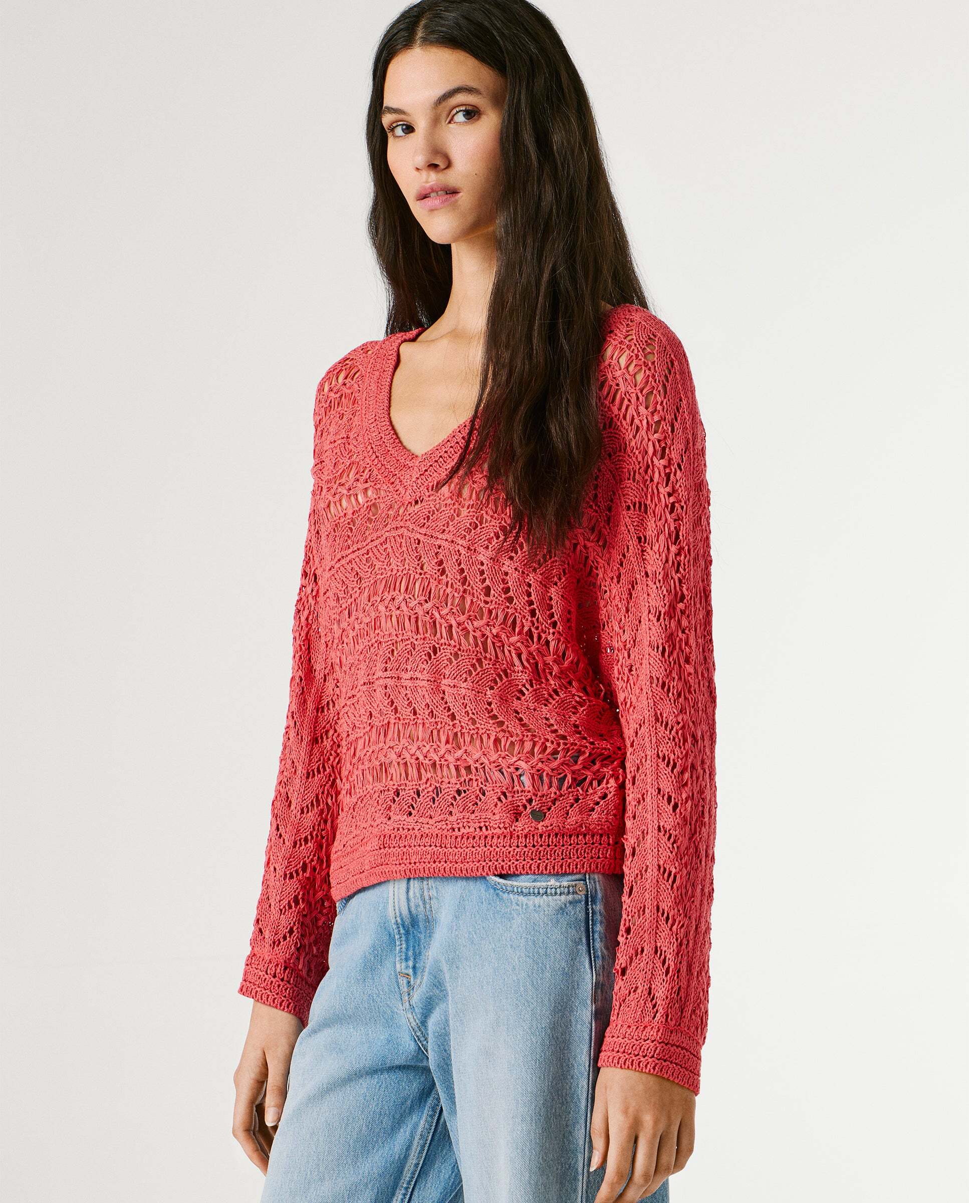 Jersey de mujer calado cuello pico - Pepe Jeans - Rosa Rosa-6