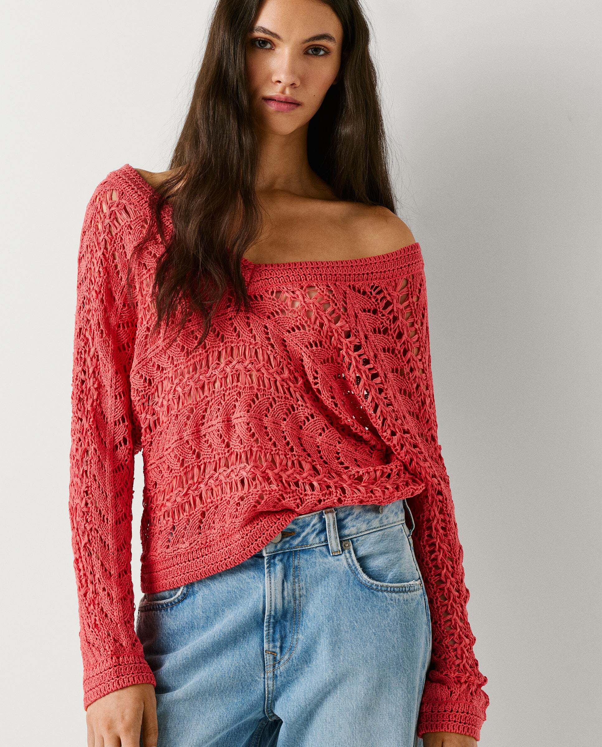 Jersey de mujer calado cuello pico - Pepe Jeans - Rosa Rosa-7