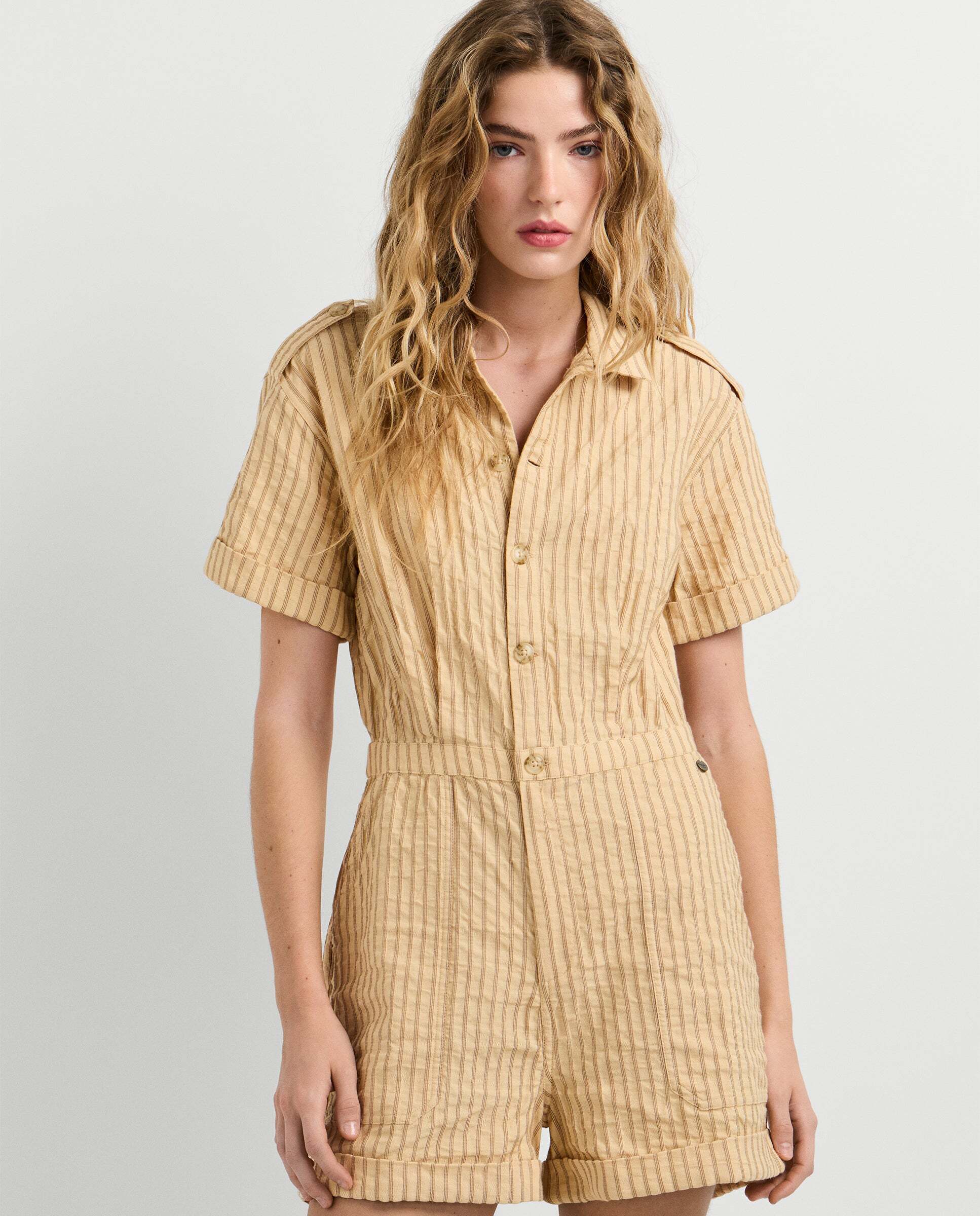 Mono de mujer corto de rayas con lino - Pepe Jeans - Crema Crema-2