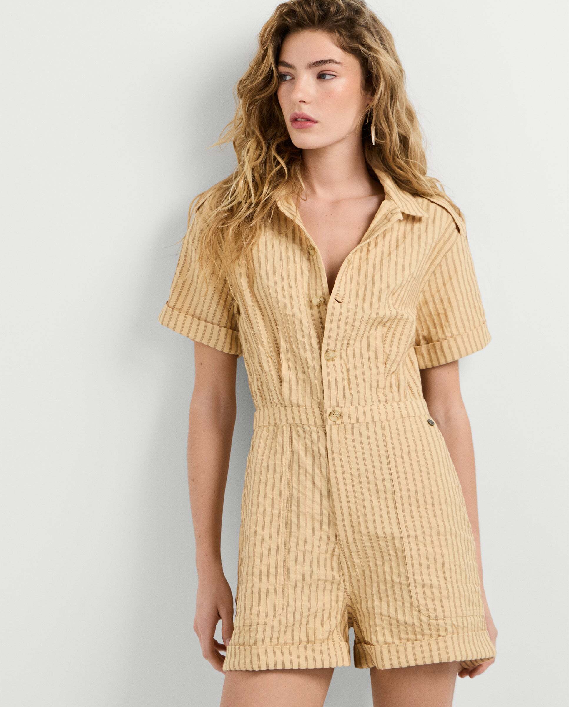 Mono de mujer corto de rayas con lino - Pepe Jeans - Crema Crema-3