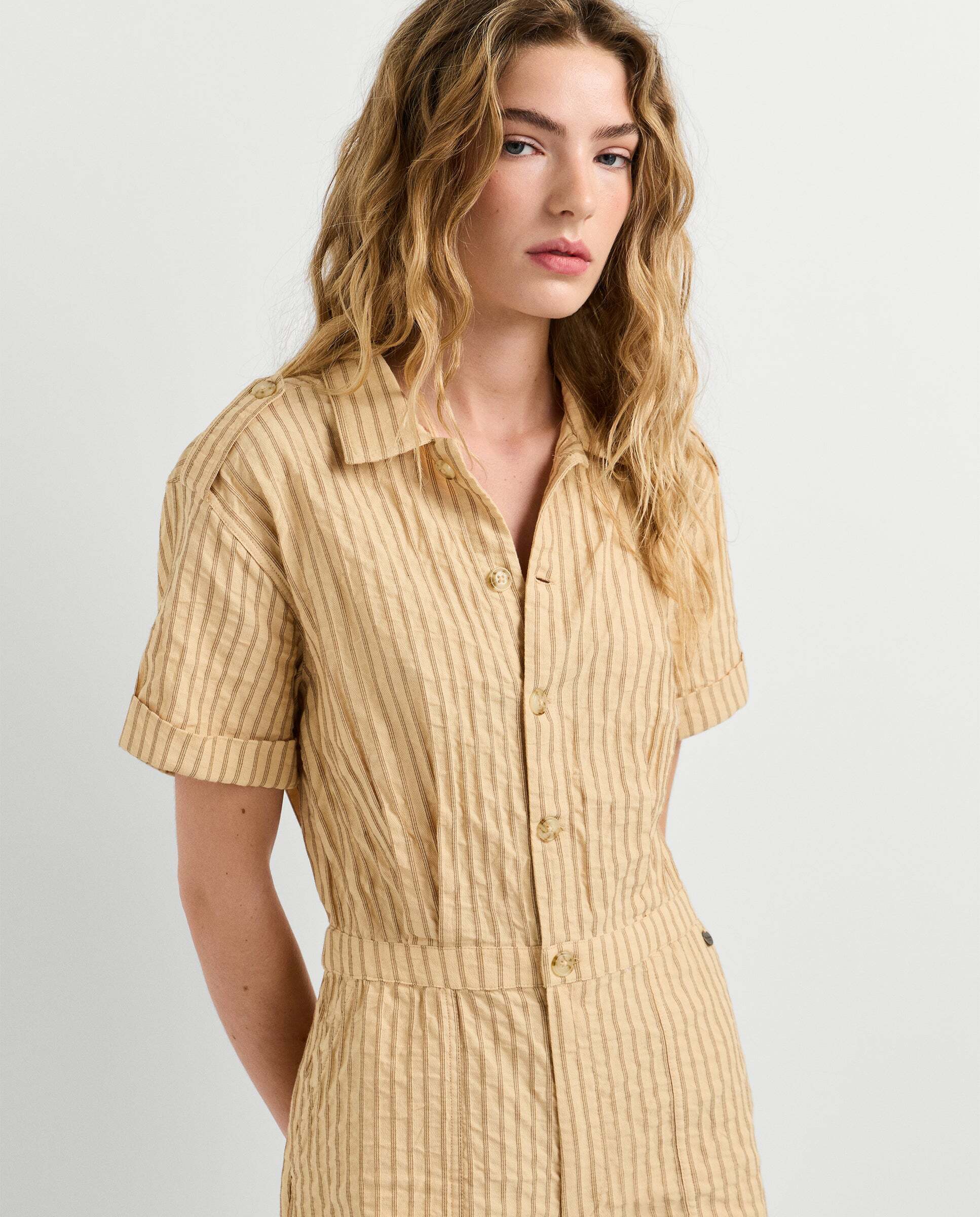 Mono de mujer corto de rayas con lino - Pepe Jeans - Crema Crema-6