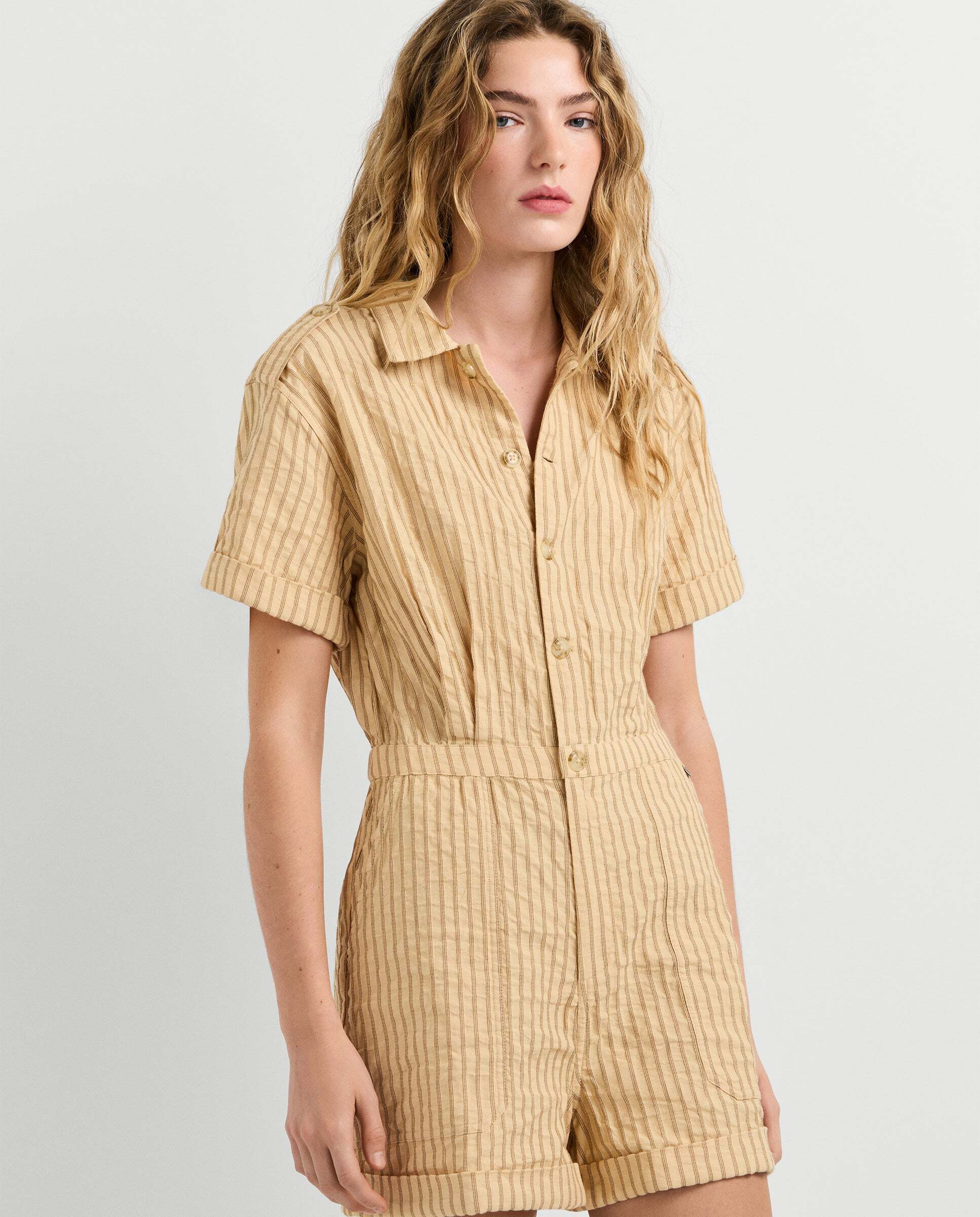 Mono de mujer corto de rayas con lino - Pepe Jeans - Crema Crema-7