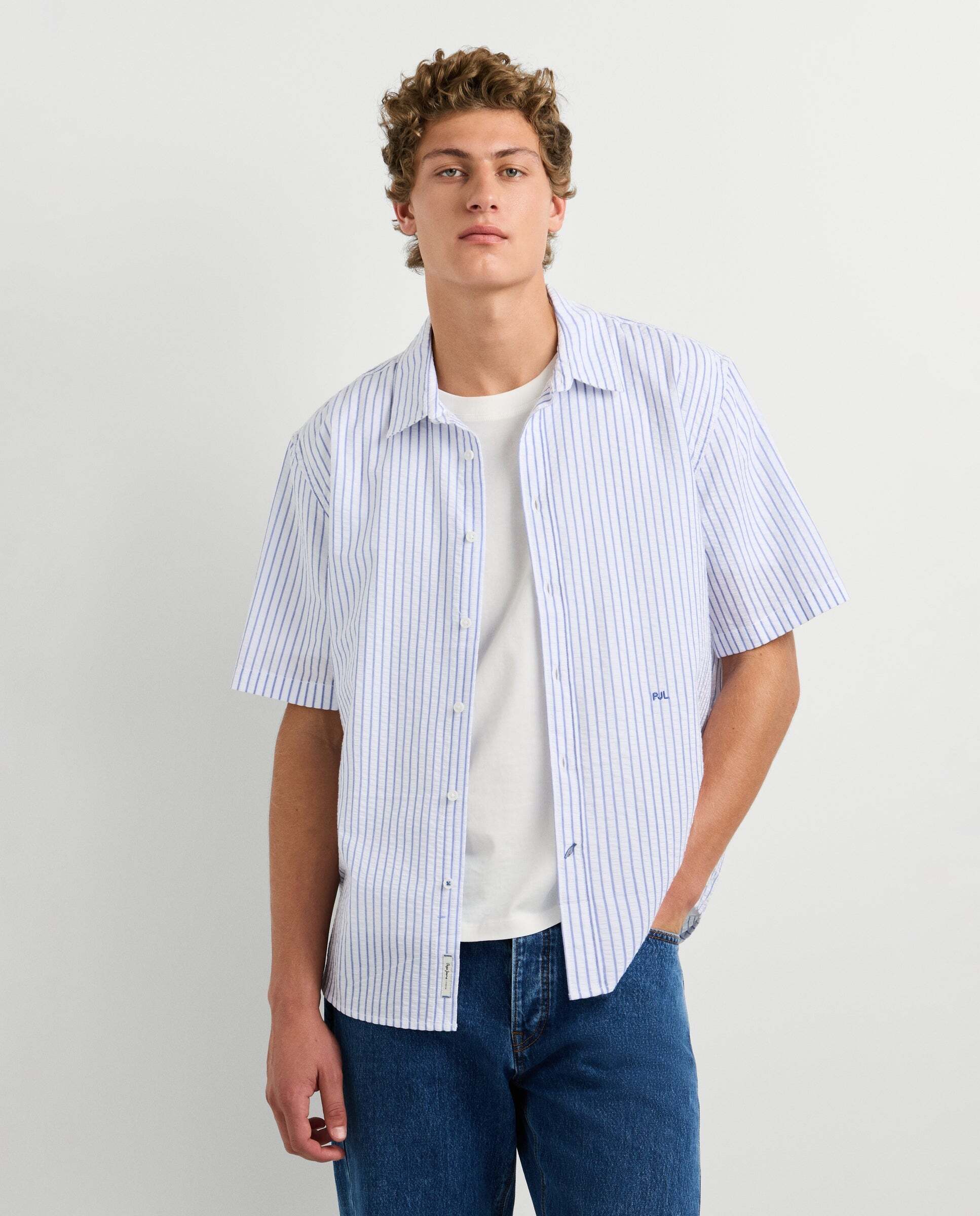 Camisa de hombre seersucker rayas fit casual - Pepe Jeans - Blanco Blanco-1