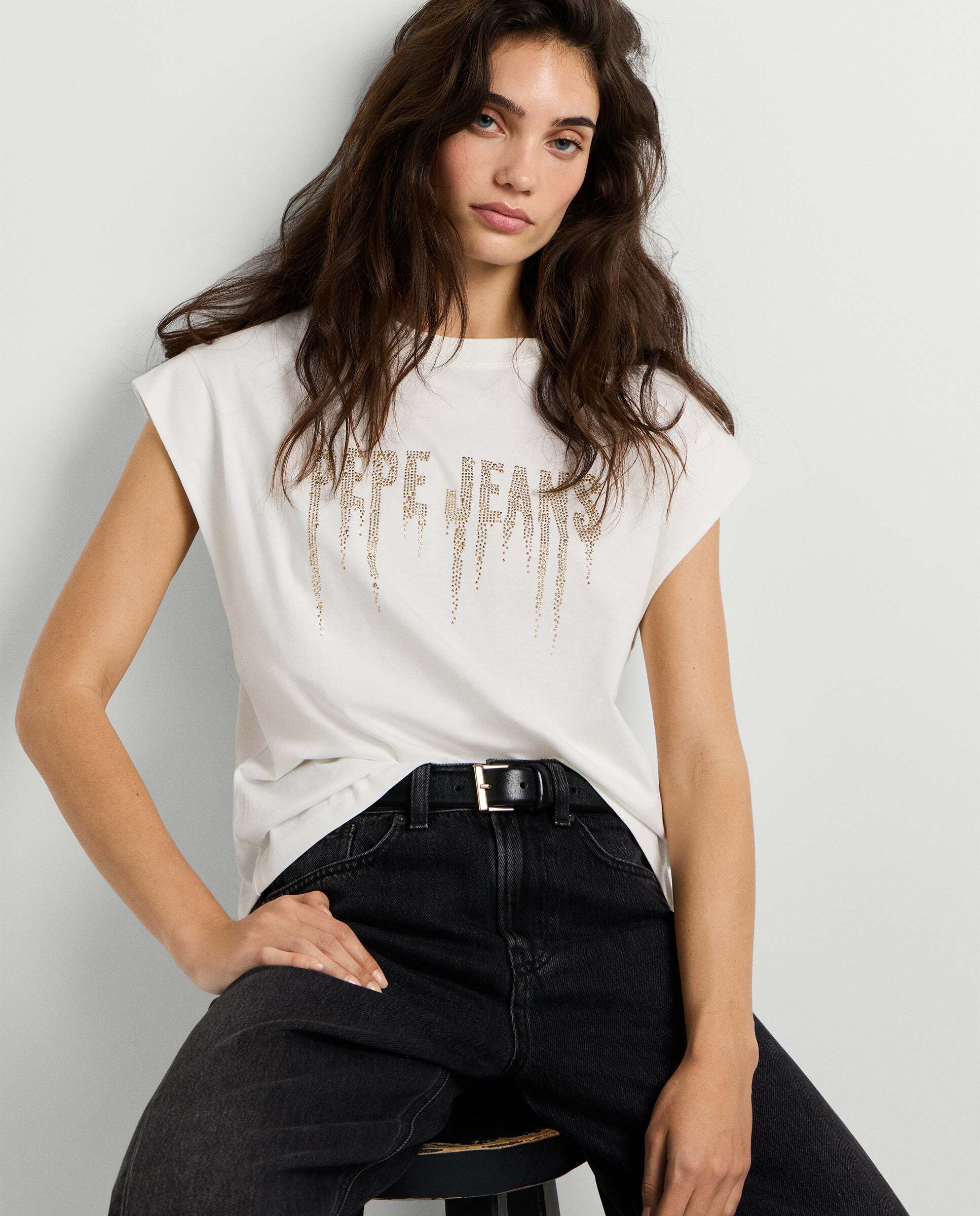 Camisa de mujer sin mangas logo tachuelas - Pepe Jeans - Blanco Blanco-7