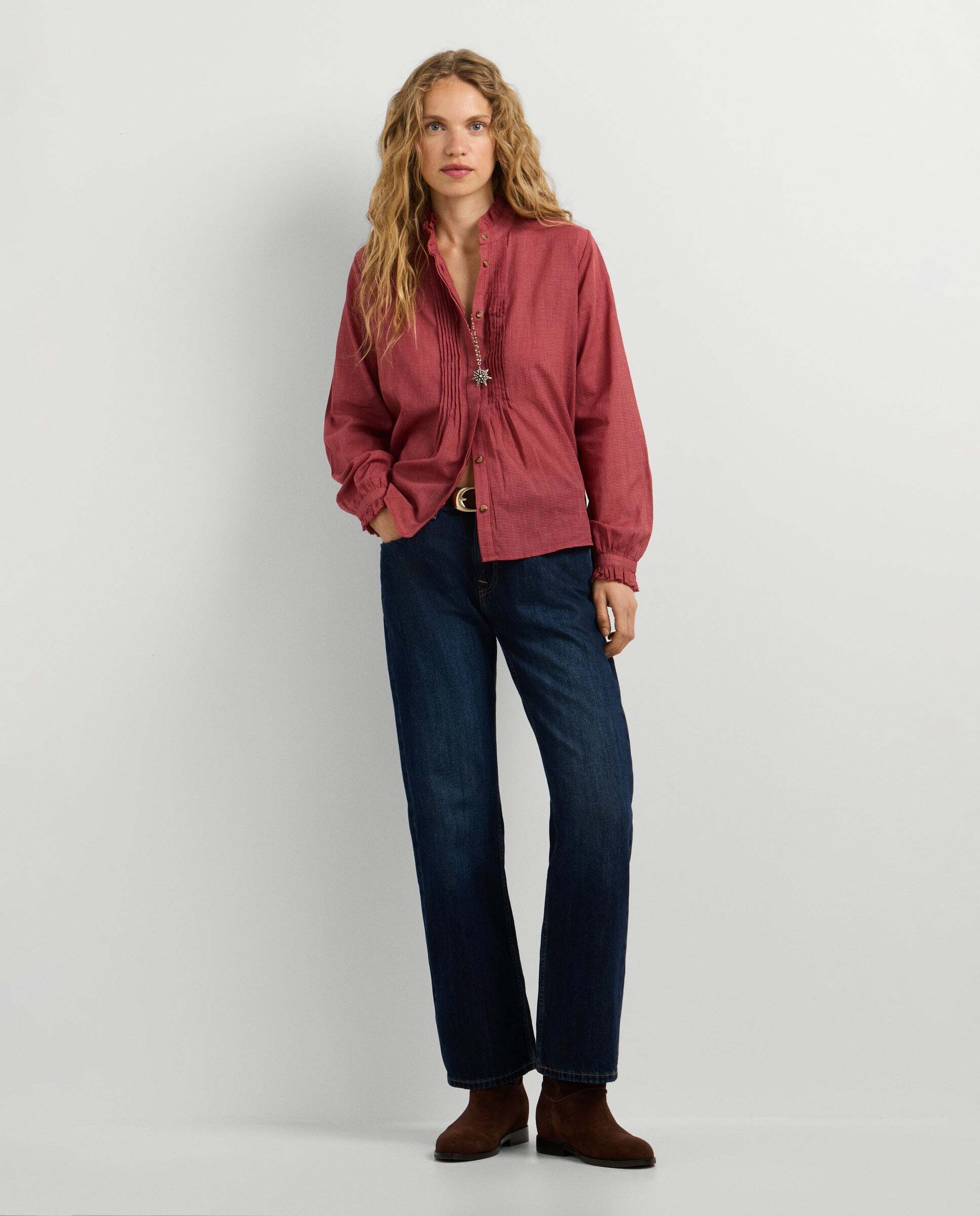 Blusa de mujer de cuadros cuello mao - Pepe Jeans - Rojo Rojo-2
