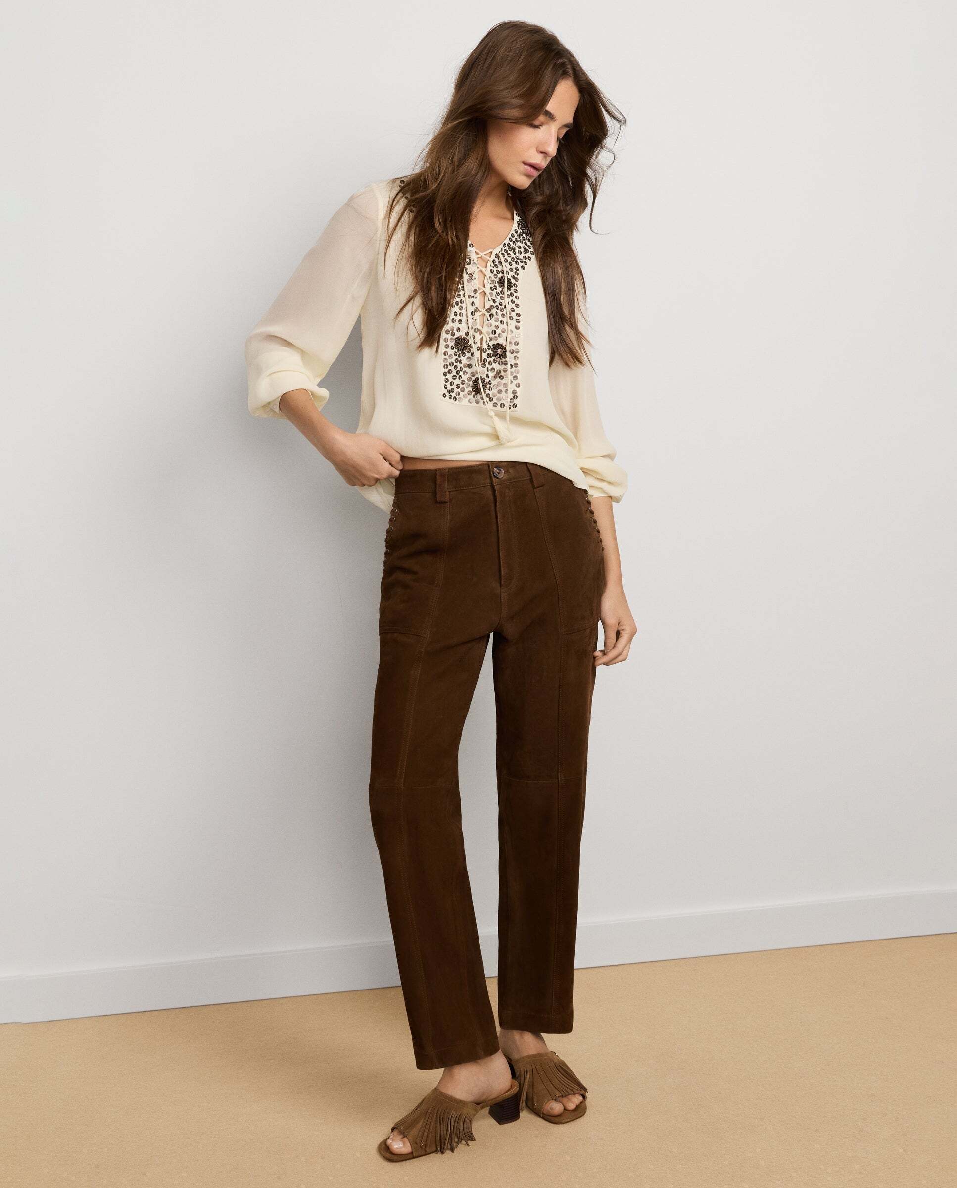 W11 koa pant - Pepe Jeans - pantalón de mujer de ante fit recto - Marrón chocolate Marrón chocolate-1