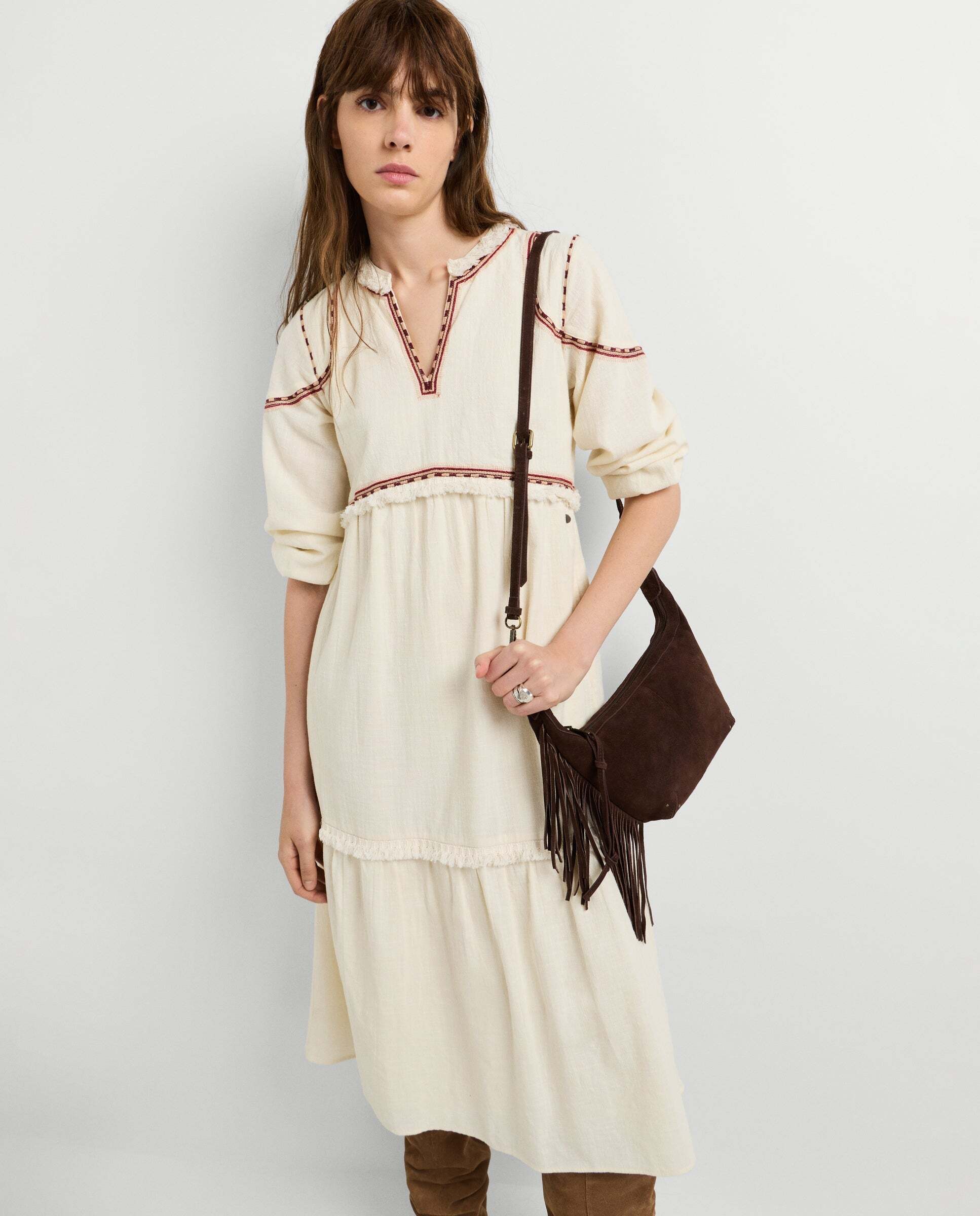 Vestido de mujer midi cuello pico - Pepe Jeans - Blanco roto Blanco roto-1