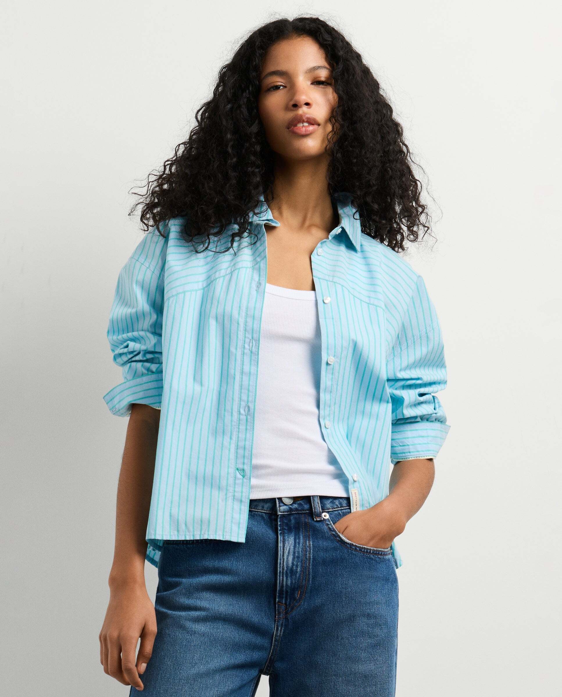 Camisa de mujer popelín rayas fit cropped - Pepe Jeans - Verde Verde-1
