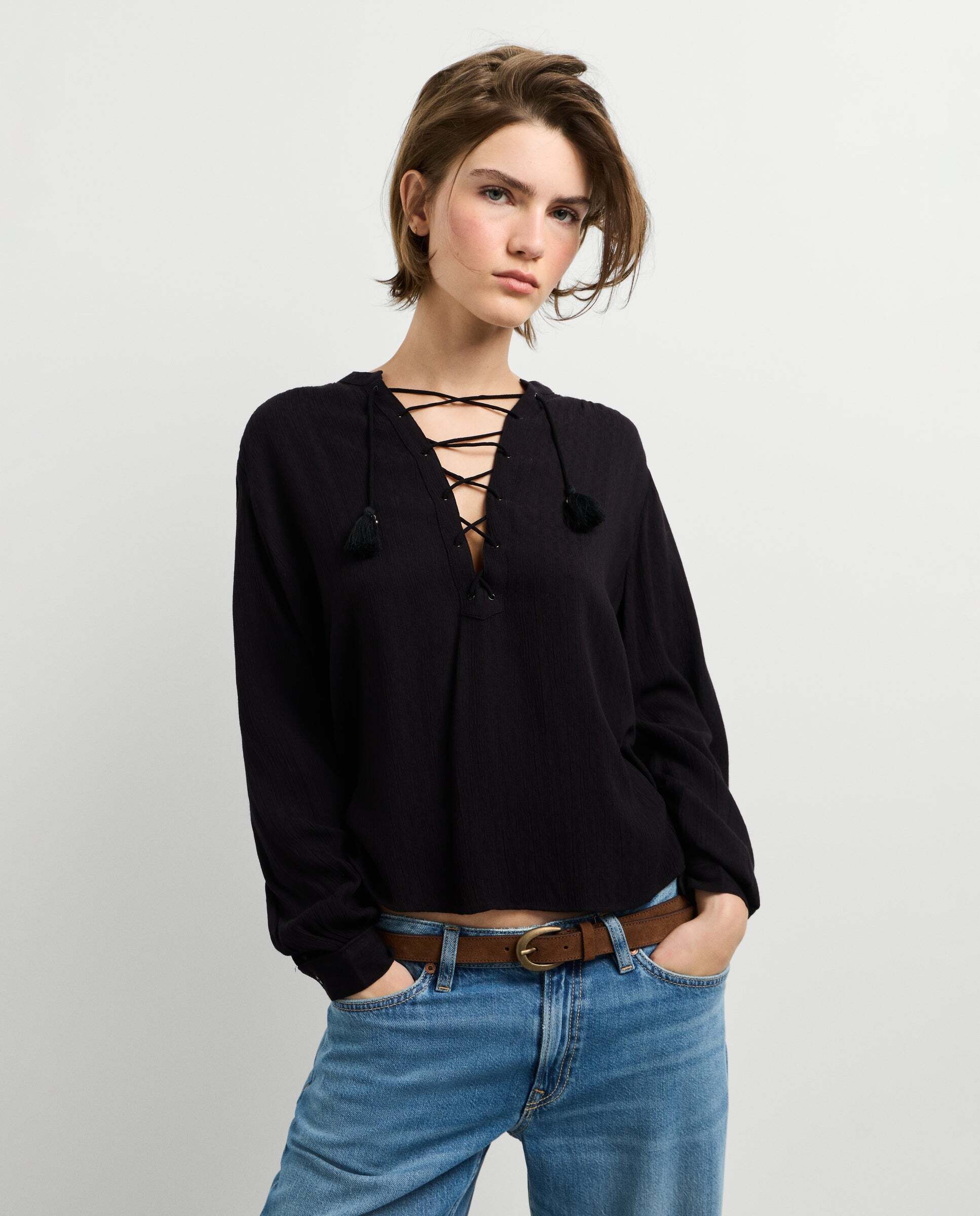 Blusa de mujer semitransparente cuello pico - Pepe Jeans - Negro Negro-1
