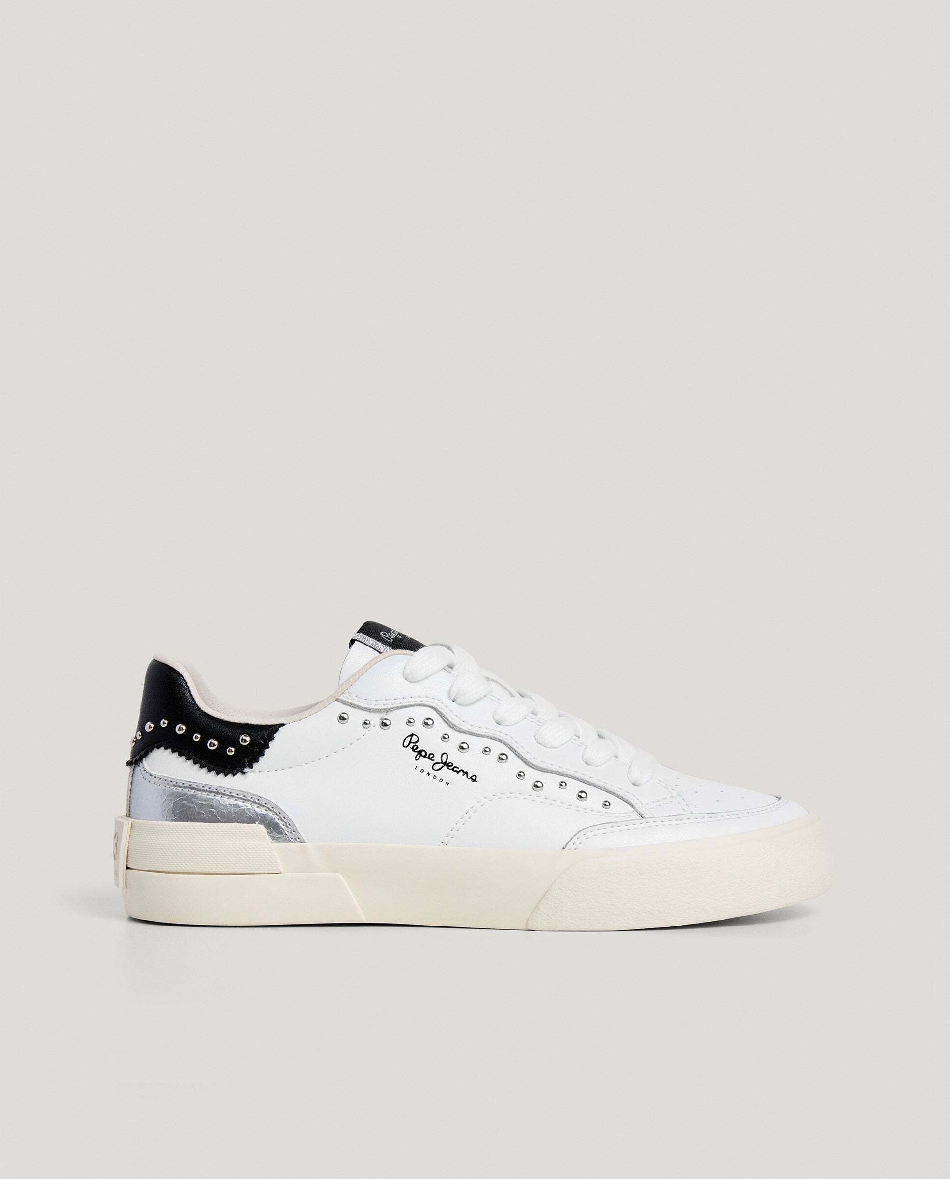 Zapatillas de mujer combinadas de piel con tachuelas - Pepe Jeans - Plata Plata-1