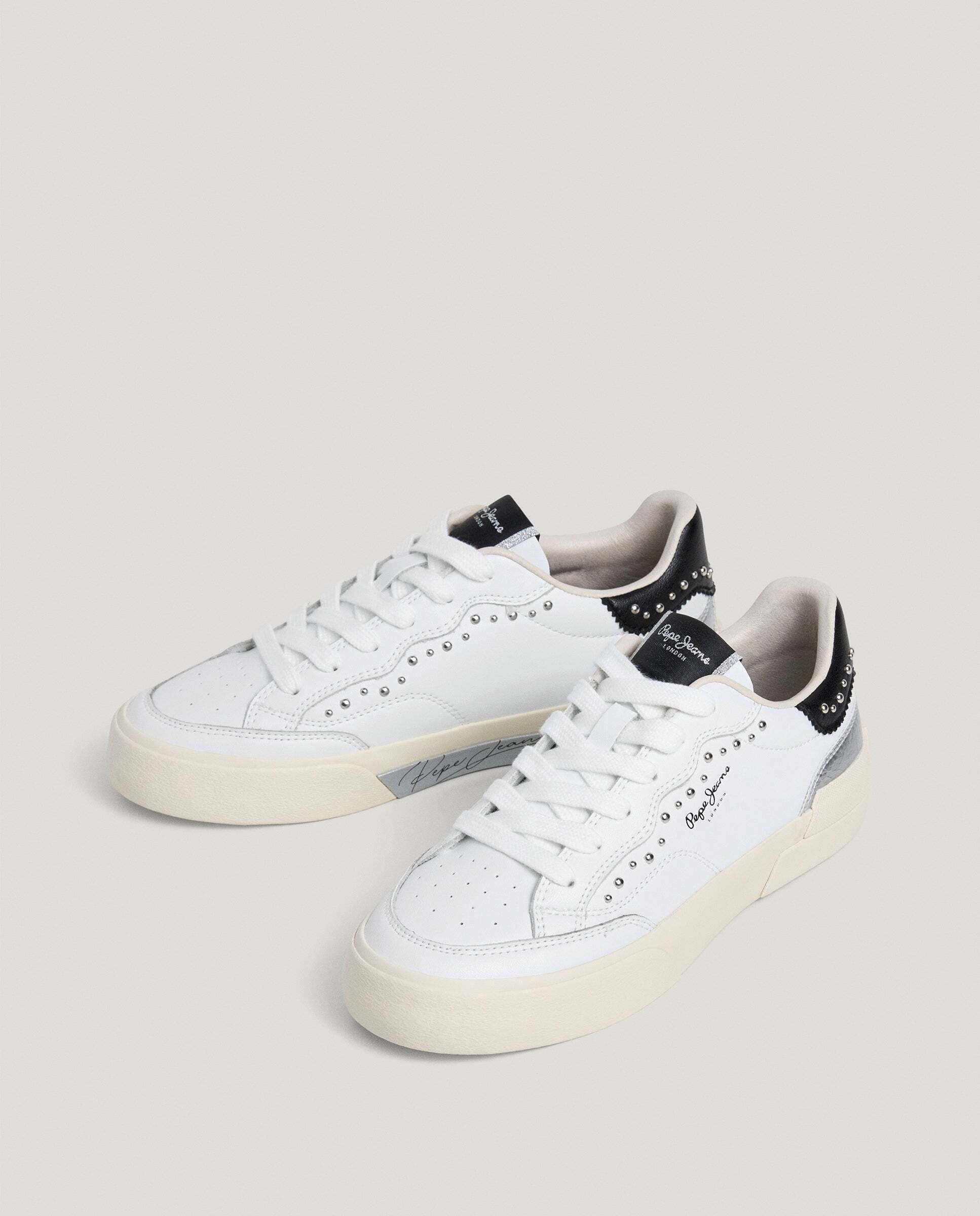 Zapatillas de mujer combinadas de piel con tachuelas - Pepe Jeans - Plata Plata-2