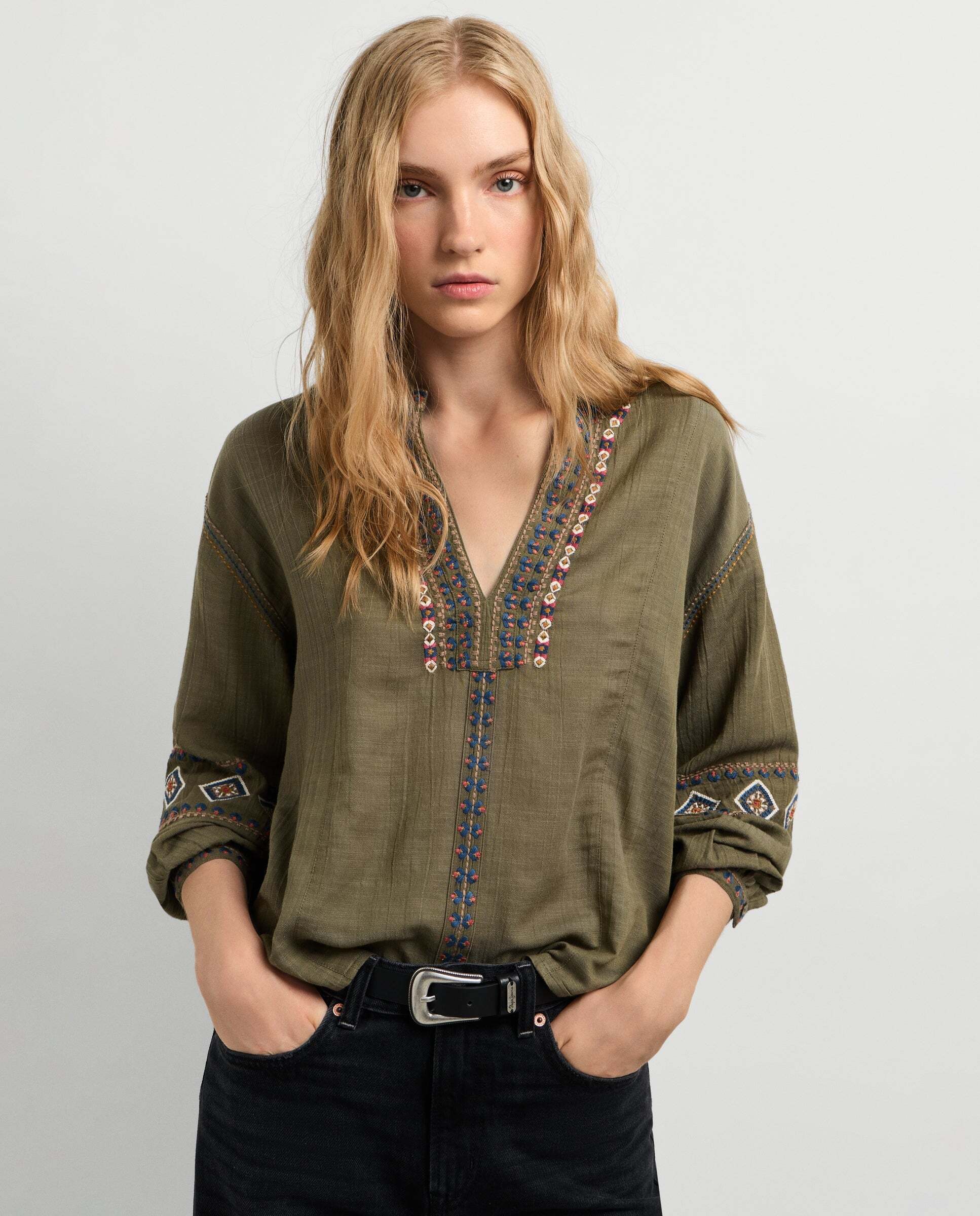 Blusa de mujer fluida detalles bordados - Pepe Jeans - Verde Verde-1