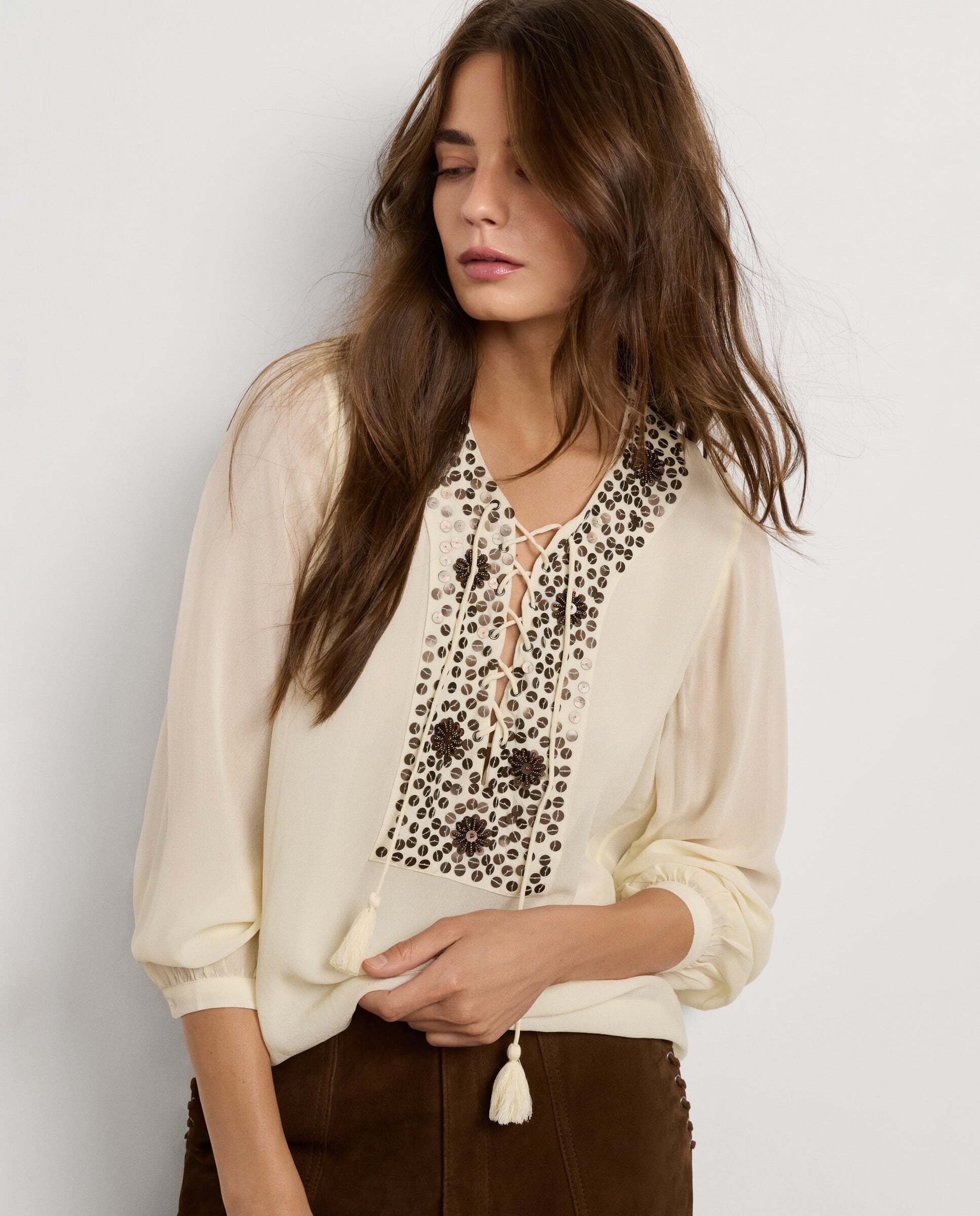 Blusa de mujer fluida detalles lentejuelas - Pepe Jeans - Blanco roto Blanco roto-1