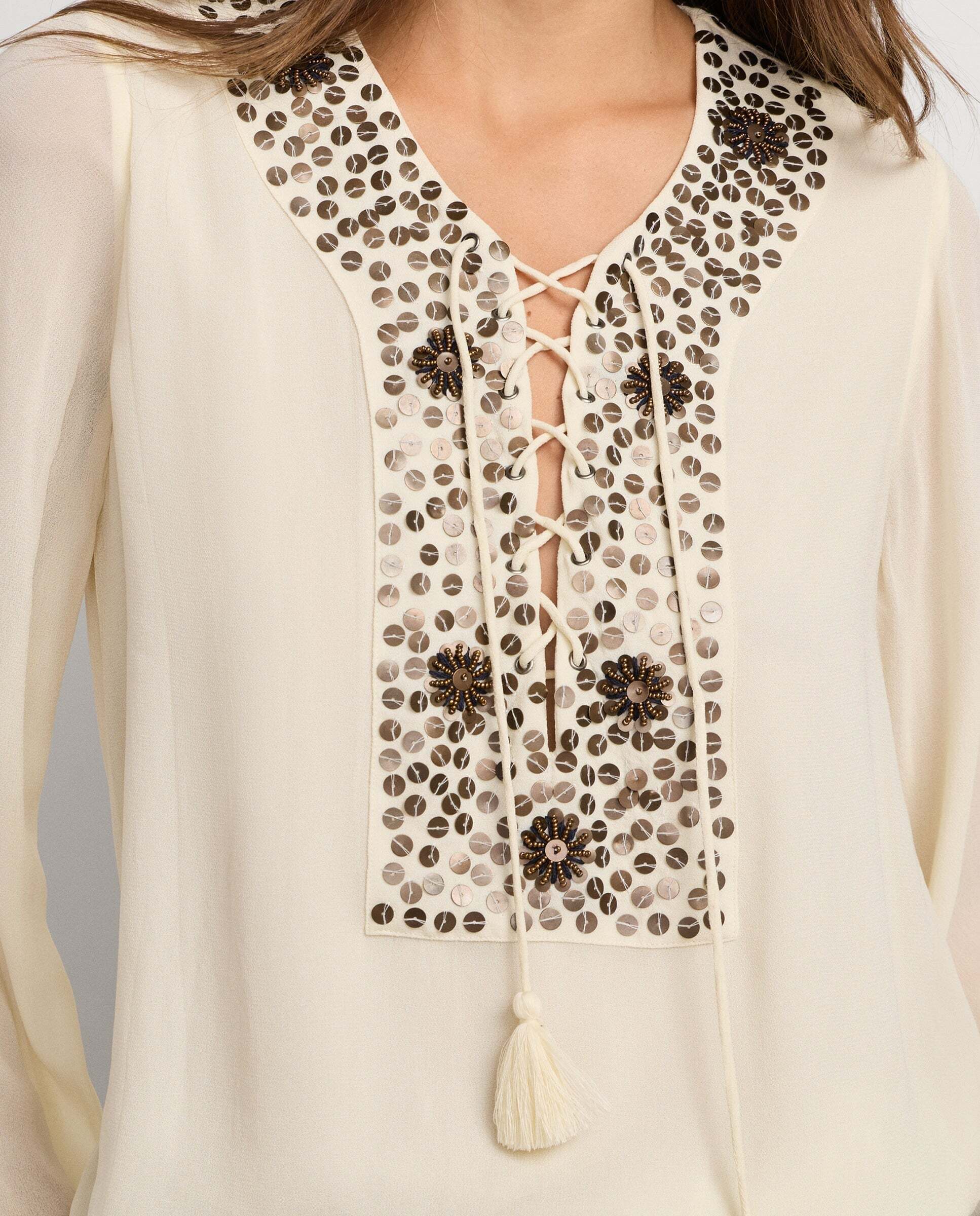 Blusa de mujer fluida detalles lentejuelas - Pepe Jeans - Blanco roto Blanco roto-4