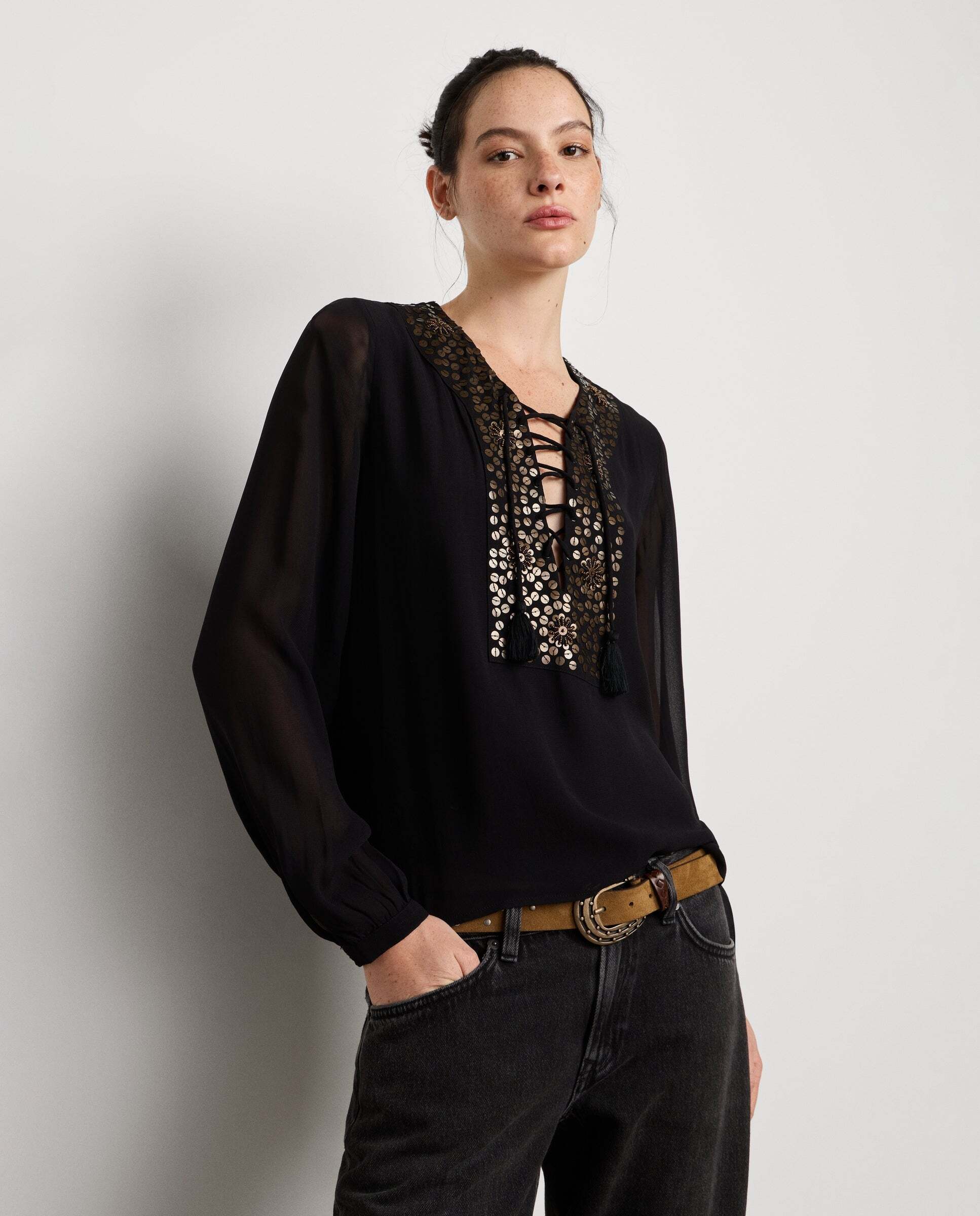 Blusa de mujer fluida detalles lentejuelas - Pepe Jeans - Negro Negro-1