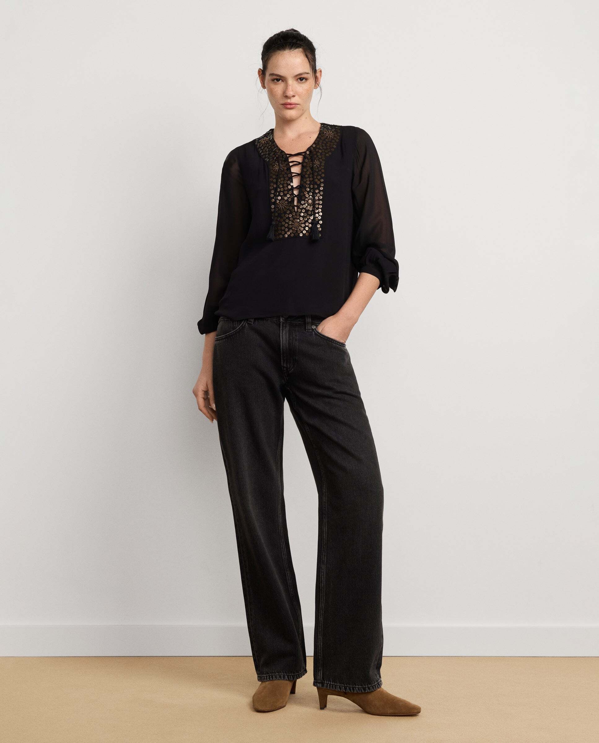 Blusa de mujer fluida detalles lentejuelas - Pepe Jeans - Negro Negro-2