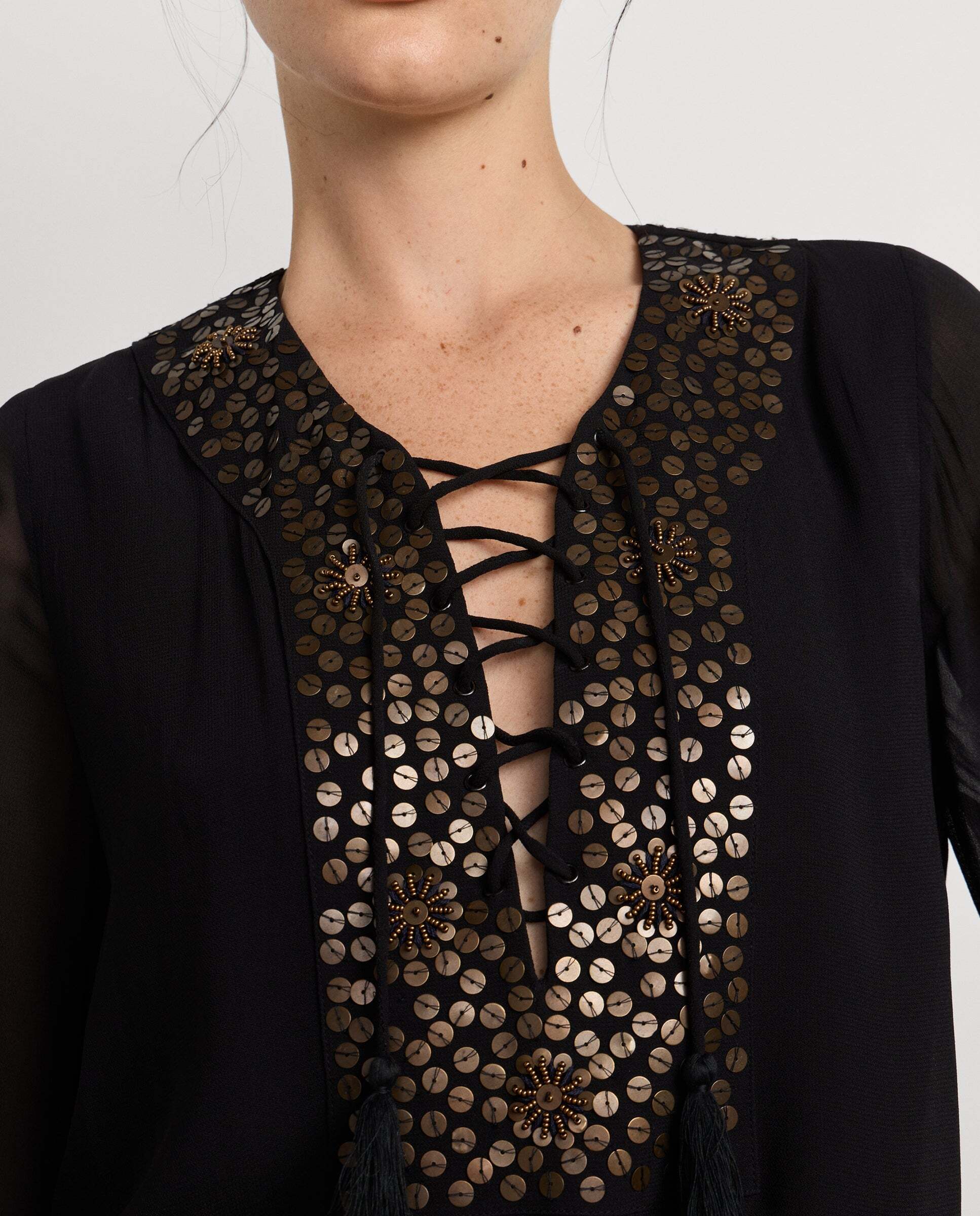 Blusa de mujer fluida detalles lentejuelas - Pepe Jeans - Negro Negro-4