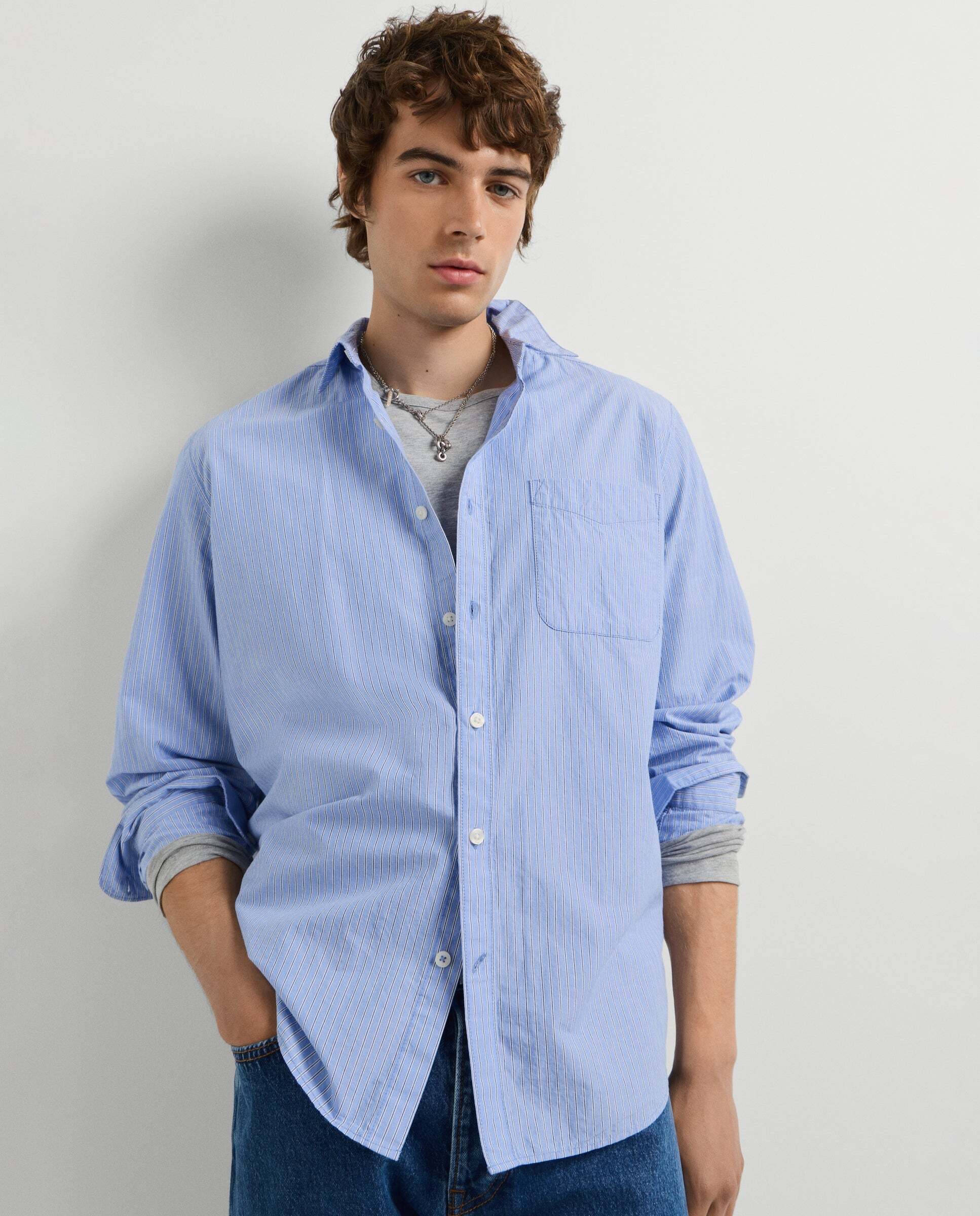 Imagen 0 de Camisa de hombre popelín rayas fit regular Azul porcelana