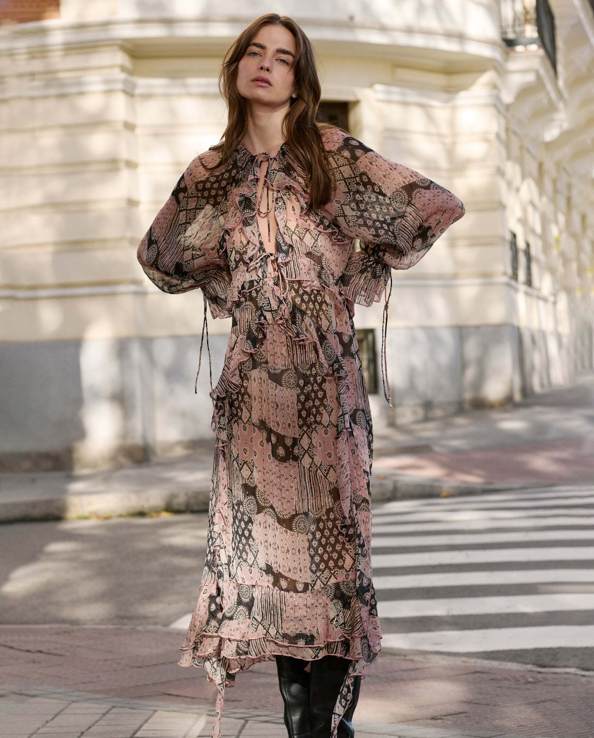 W11 ines dress - Pepe Jeans - vestido de mujer largo estampado ornamental - Rosa claro Rosa claro-1
