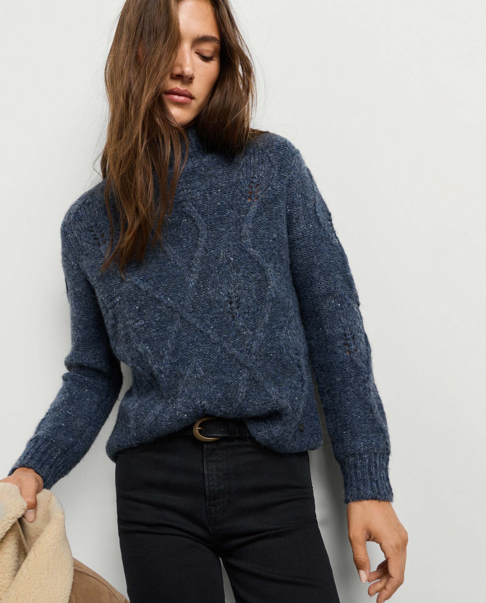 Imagen 0 de Jersey de mujer trenzado cuello alto Azul oscuro