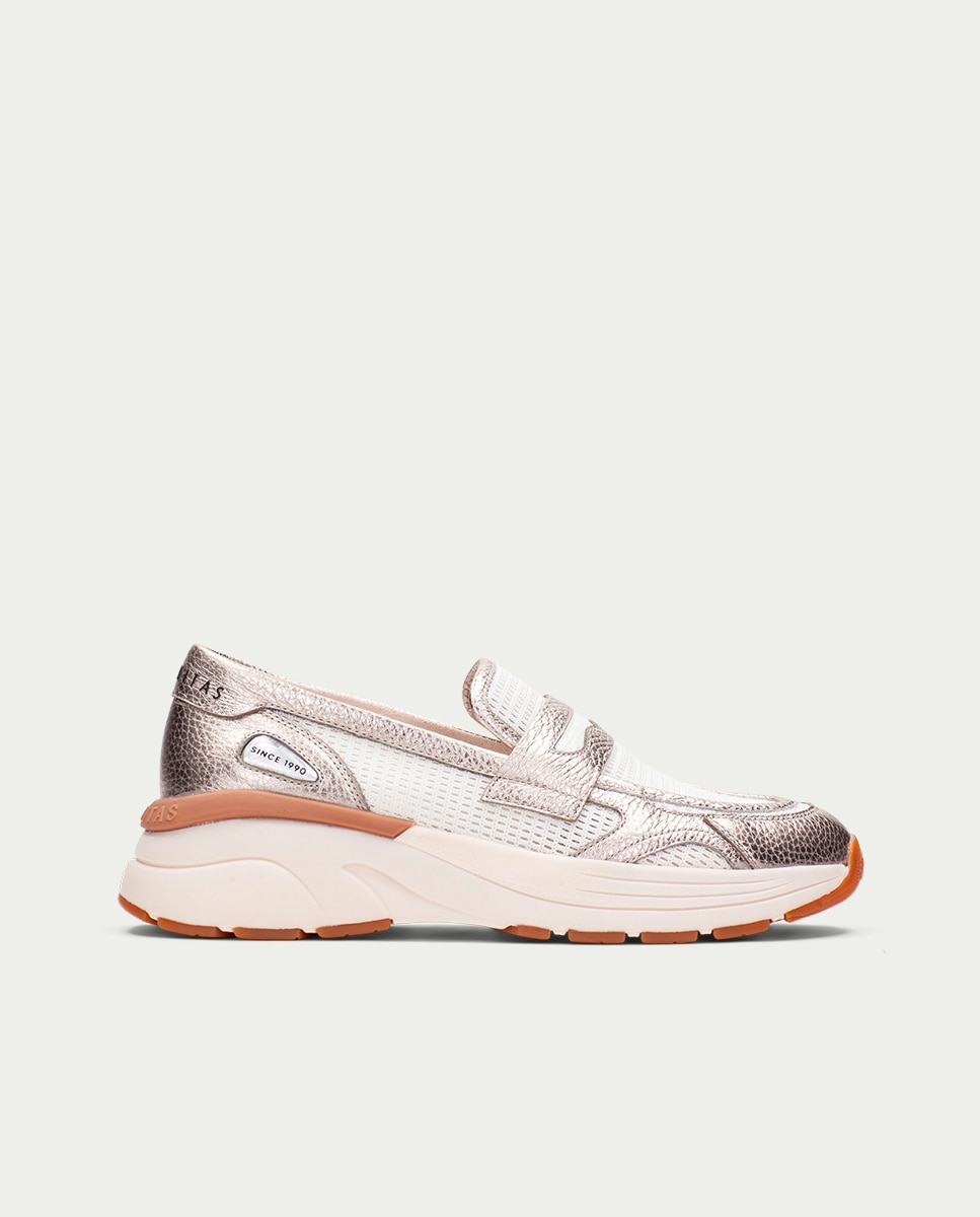 Mocasines planos de mujer de piel con rejilla - Hispanitas - Plateado Plateado-1