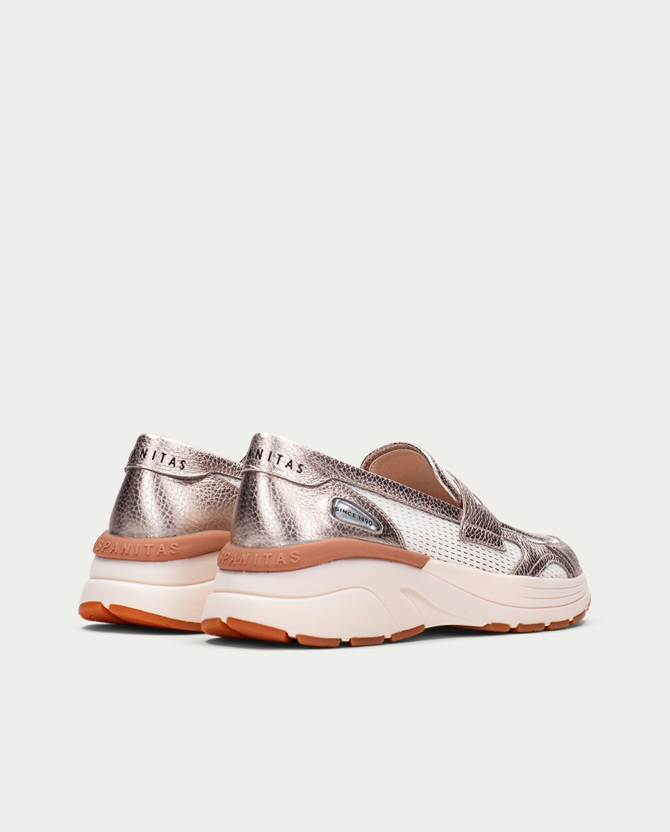Mocasines planos de mujer de piel con rejilla - Hispanitas - Plateado Plateado-4