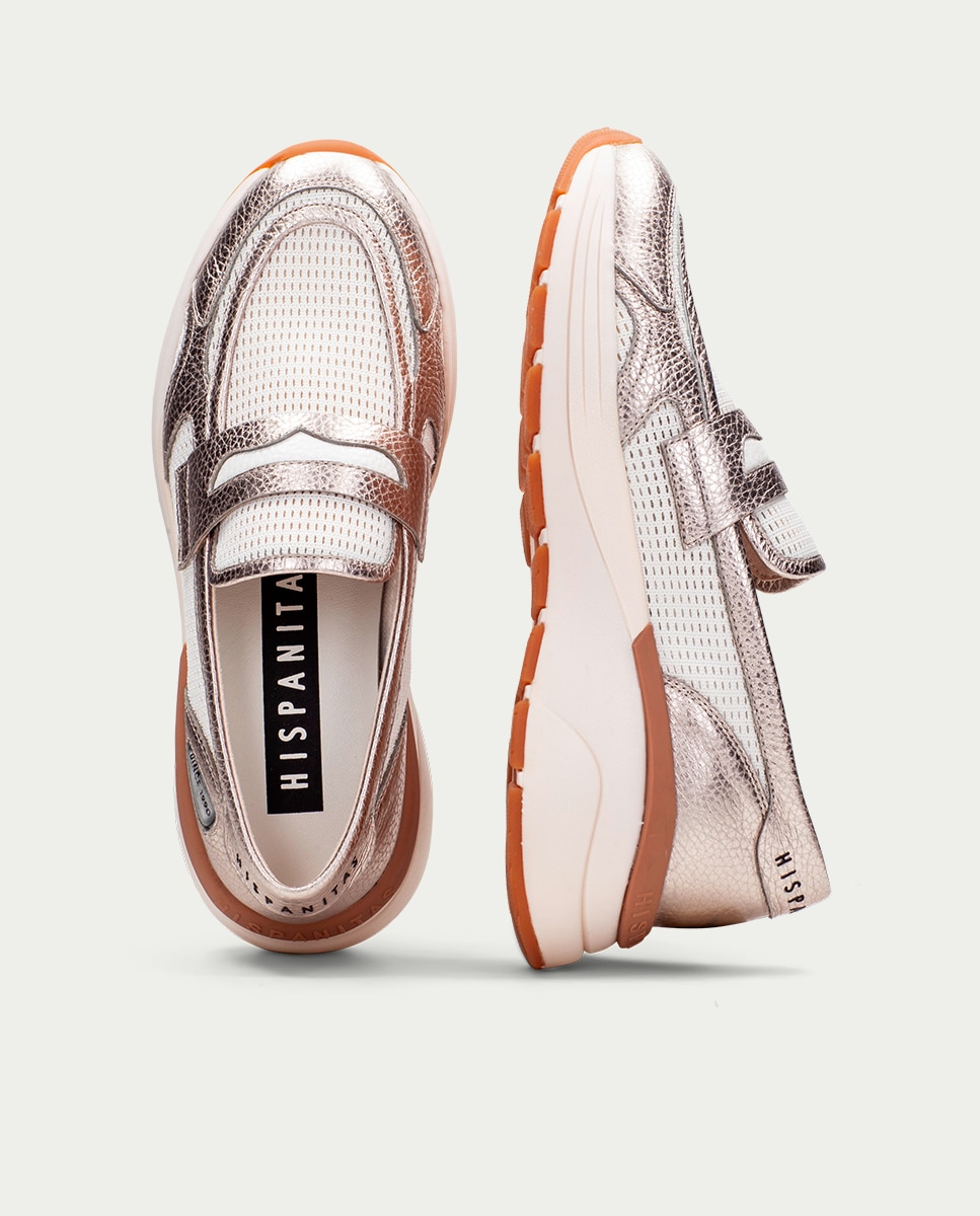 Mocasines planos de mujer de piel con rejilla - Hispanitas - Plateado Plateado-5