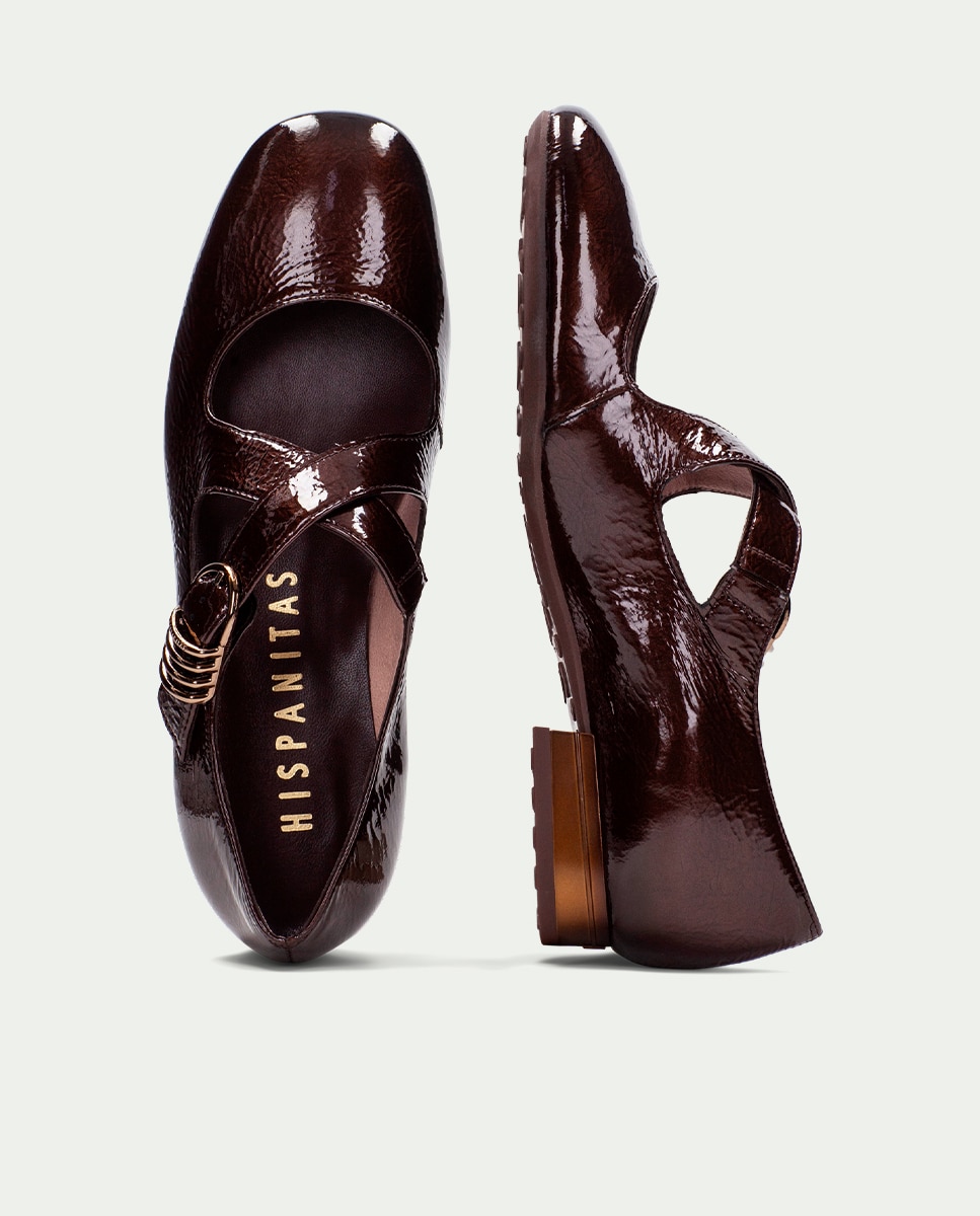 Bailarina de piel de mujer con tiras cruzadas y hebilla personalizada - Hispanitas - Burdeos Burdeos-5