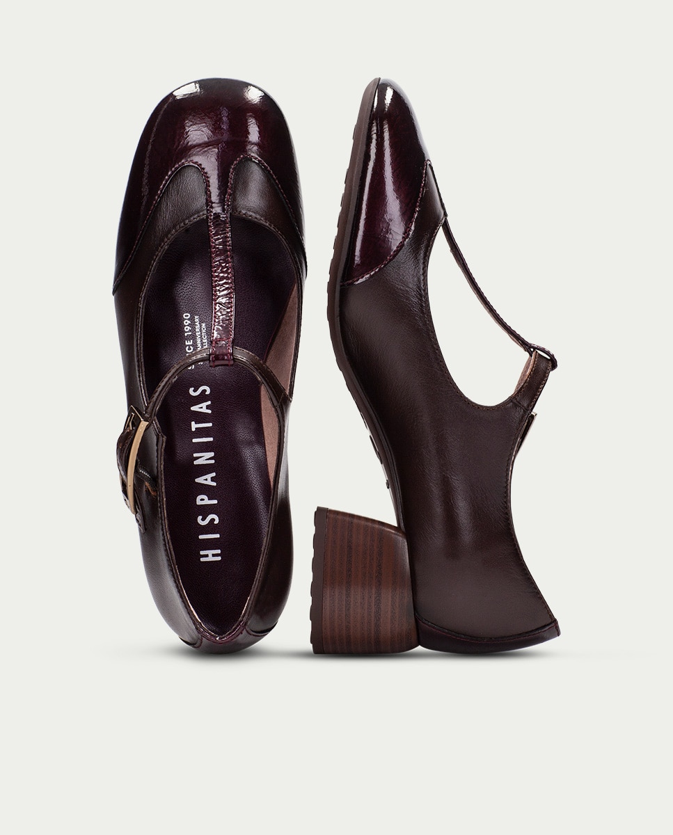 Imagen 5 de Zapatos de mujer hispanitas t-bar combinada en charol con piel - Burdeos Burdeos
