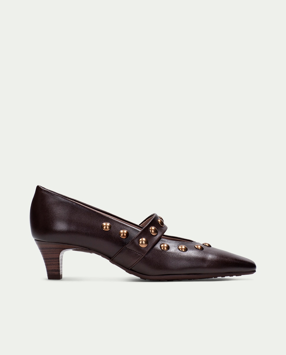 Zapatos de salón de mujer tipo mary jane de piel con tachuelas - Hispanitas - Marrón Marrón-1