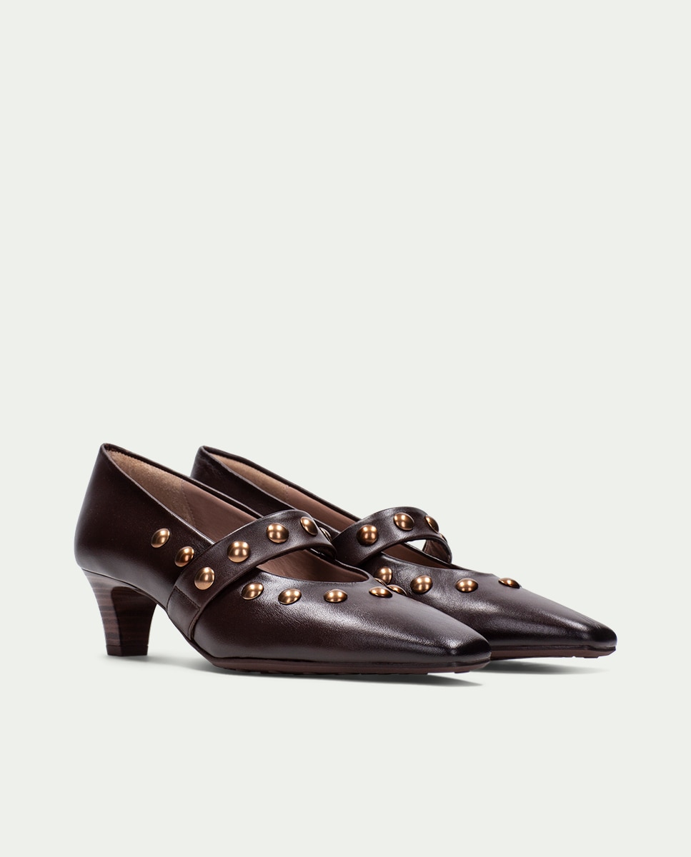 Zapatos de salón de mujer tipo mary jane de piel con tachuelas - Hispanitas - Marrón Marrón-4