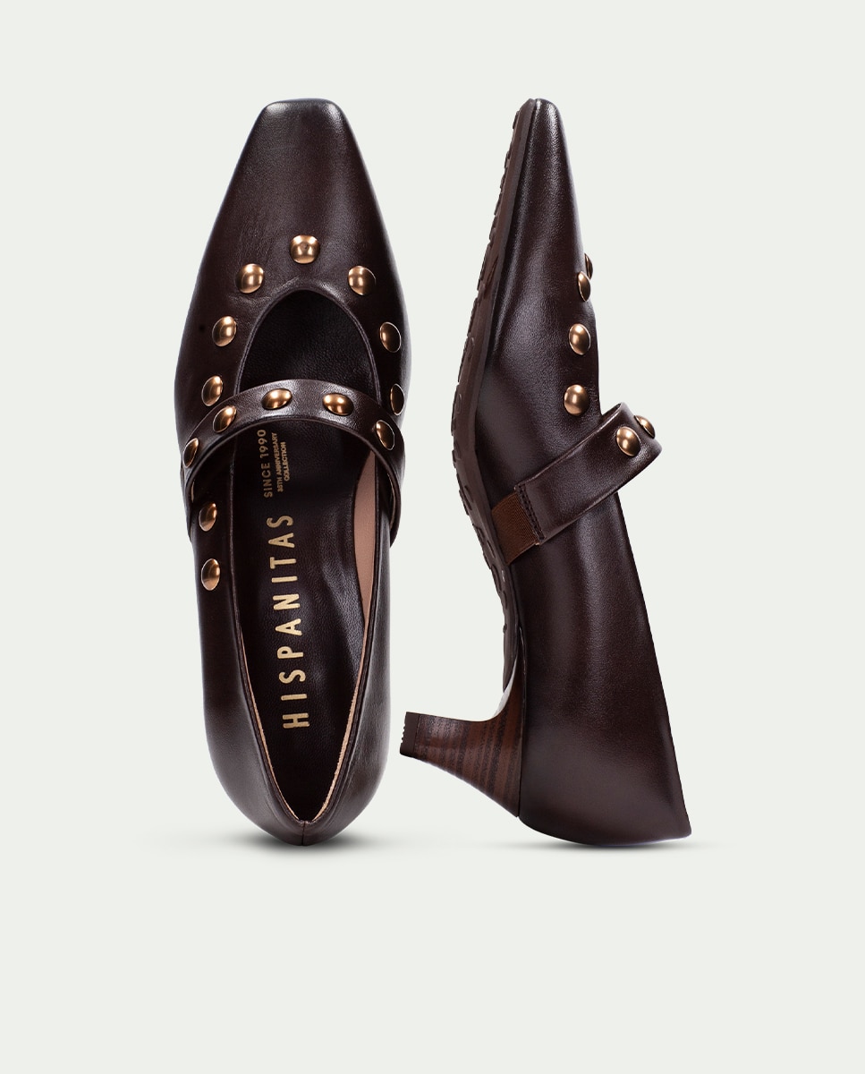 Zapatos de salón de mujer tipo mary jane de piel con tachuelas - Hispanitas - Marrón Marrón-2
