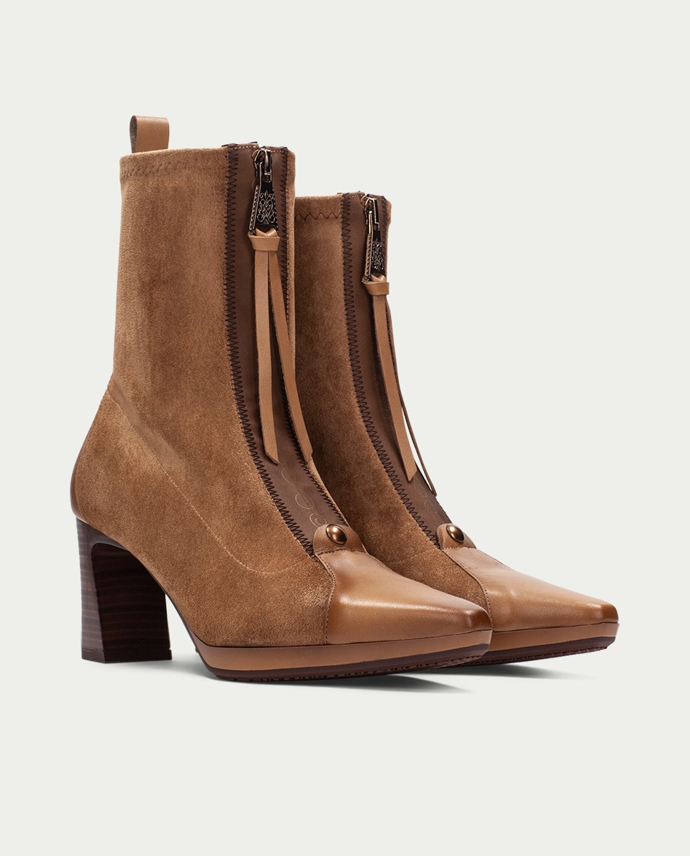 Zapatos de mujer botin hispanitas de tacón y cremallera central - Marrón Marrón-2