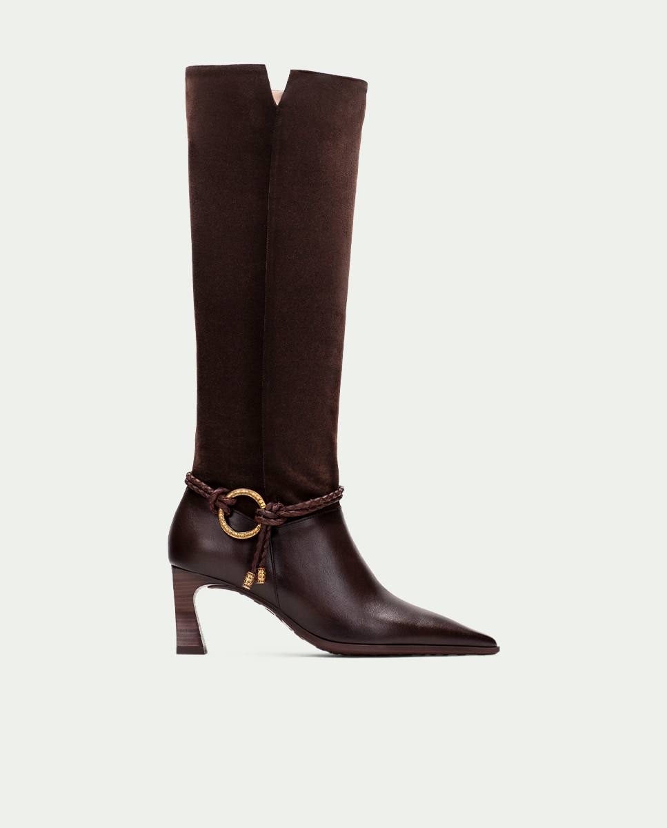 Botas de mujer de piel con punta fina y cordón trenzado - Hispanitas - Marrón Marrón-1