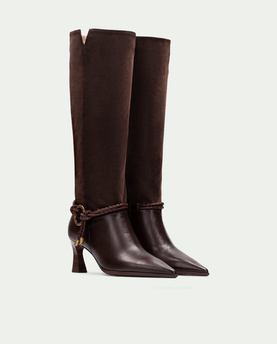 Botas de mujer de piel con punta fina y cordón trenzado - Hispanitas - Marrón Marrón-2