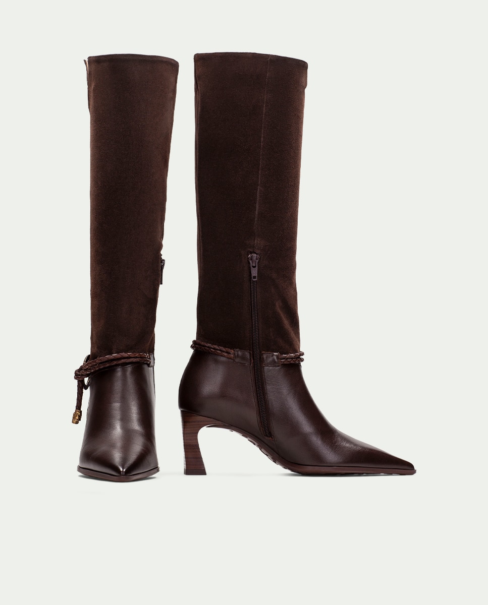 Botas de mujer de piel con punta fina y cordón trenzado - Hispanitas - Marrón Marrón-4