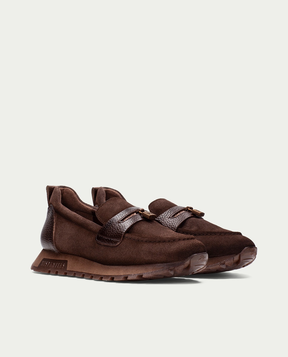 Mocasines deportivos de mujer de piel con detalle de candado - Hispanitas - Marrón Marrón-3