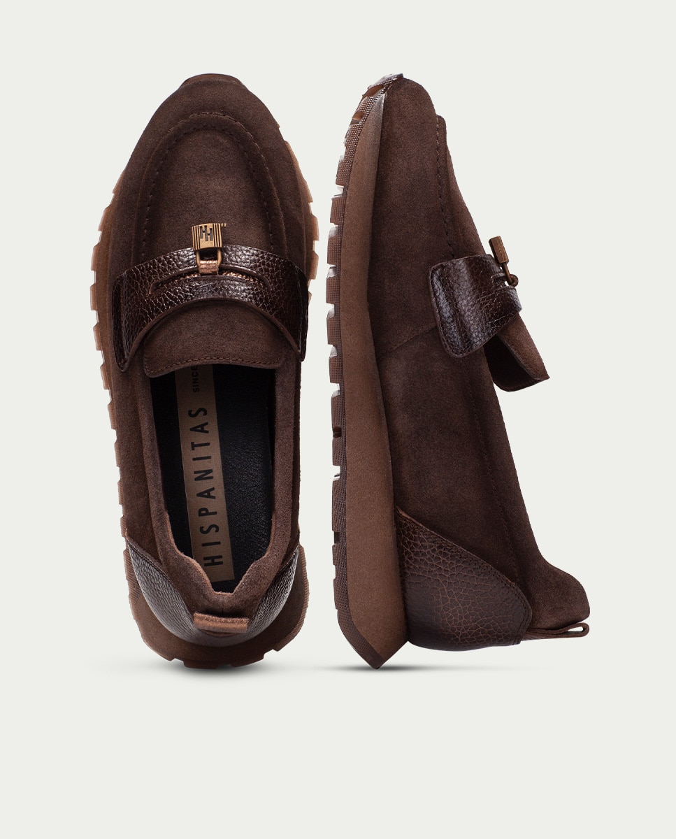 Mocasines deportivos de mujer de piel con detalle de candado - Hispanitas - Marrón Marrón-6