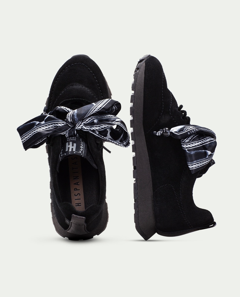 Zapatillas acordonadas de mujer de piel con lazo - Hispanitas - Negro Negro-6
