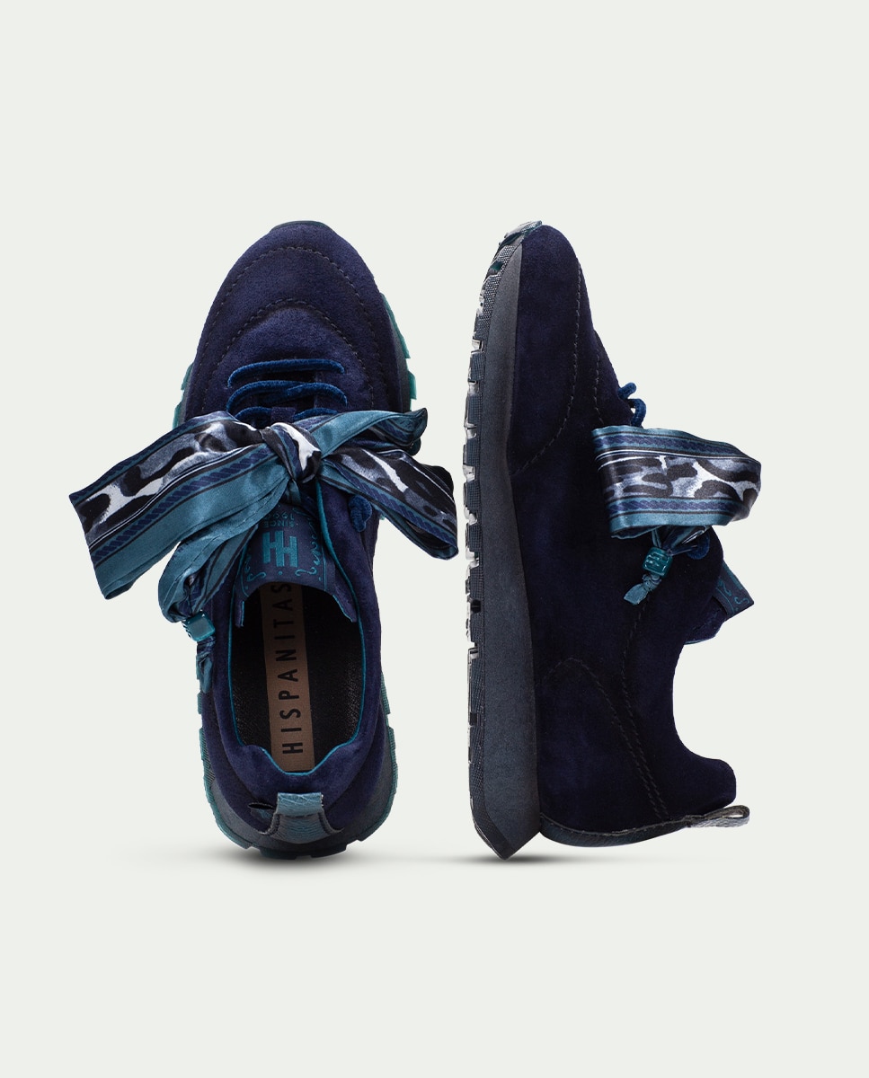 Zapatillas acordonadas de mujer de piel con lazo - Hispanitas - Azul Azul-6