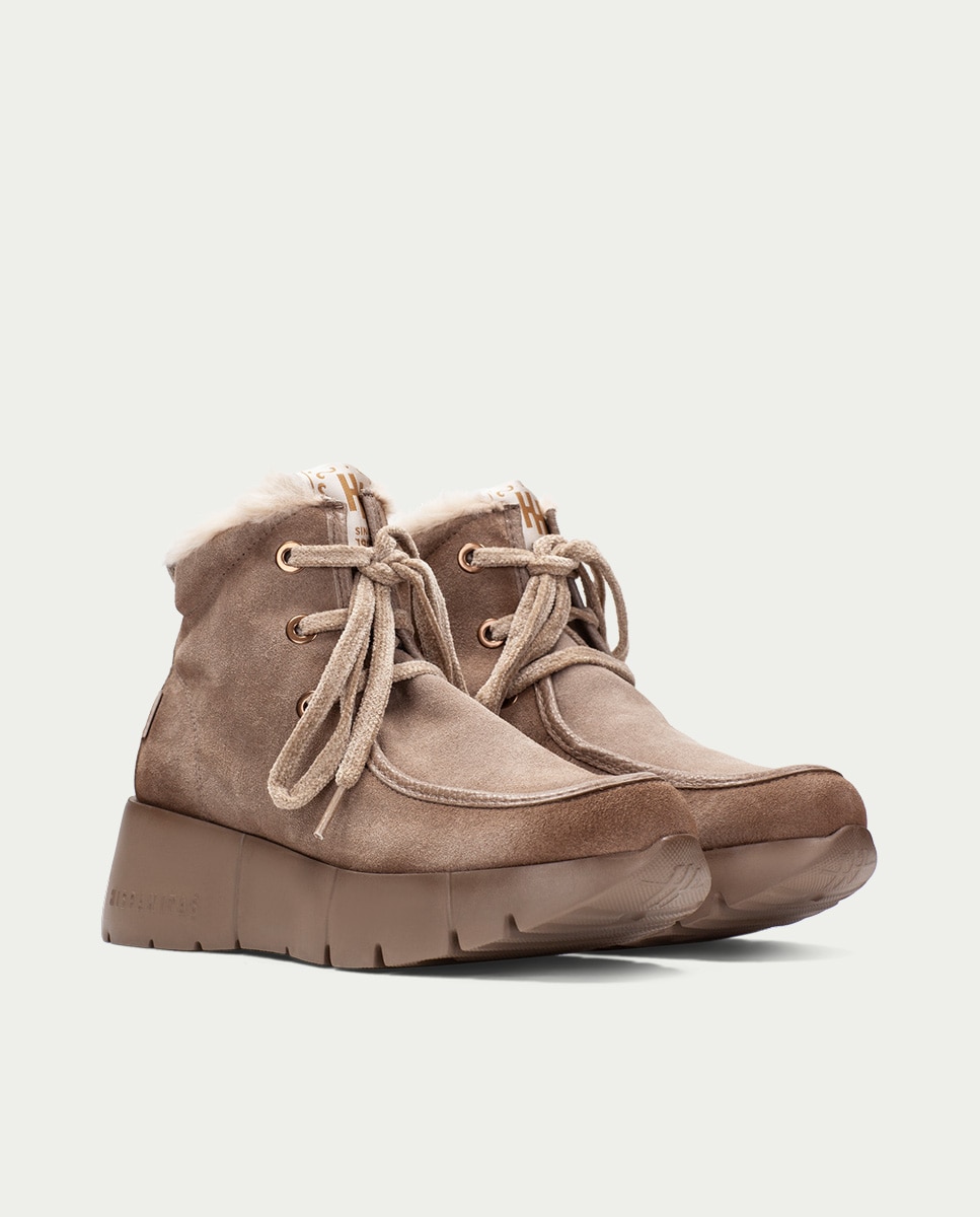 Zapatillas altas deportivas de mujer de piel con pelo sintético - Hispanitas - Topo Topo-2