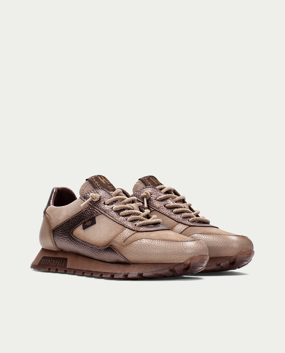 Zapatillas de mujer de piel con cordones - Hispanitas - Topo Topo-3