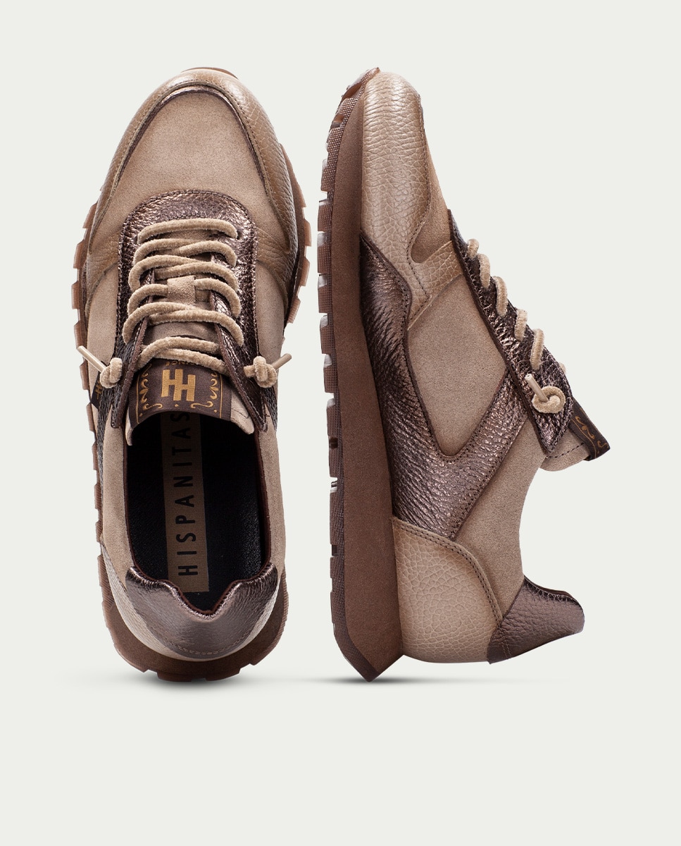 Zapatillas de mujer de piel con cordones - Hispanitas - Topo Topo-6