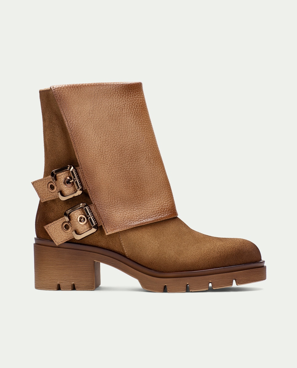 Botines de mujer de piel tipo biker con doble hebilla - Hispanitas - Marrón Marrón-3