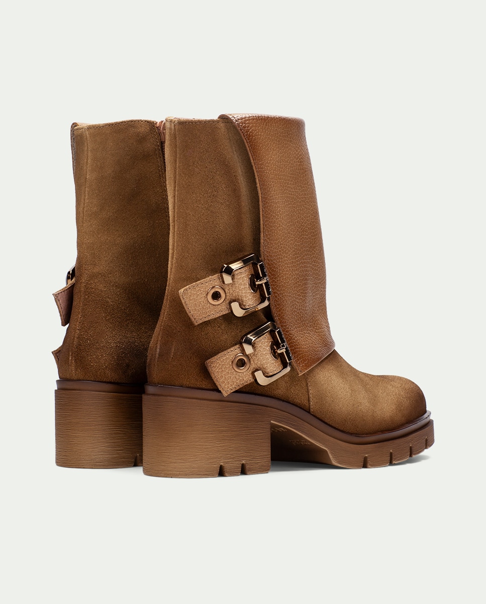 Botines de mujer de piel tipo biker con doble hebilla - Hispanitas - Marrón Marrón-4